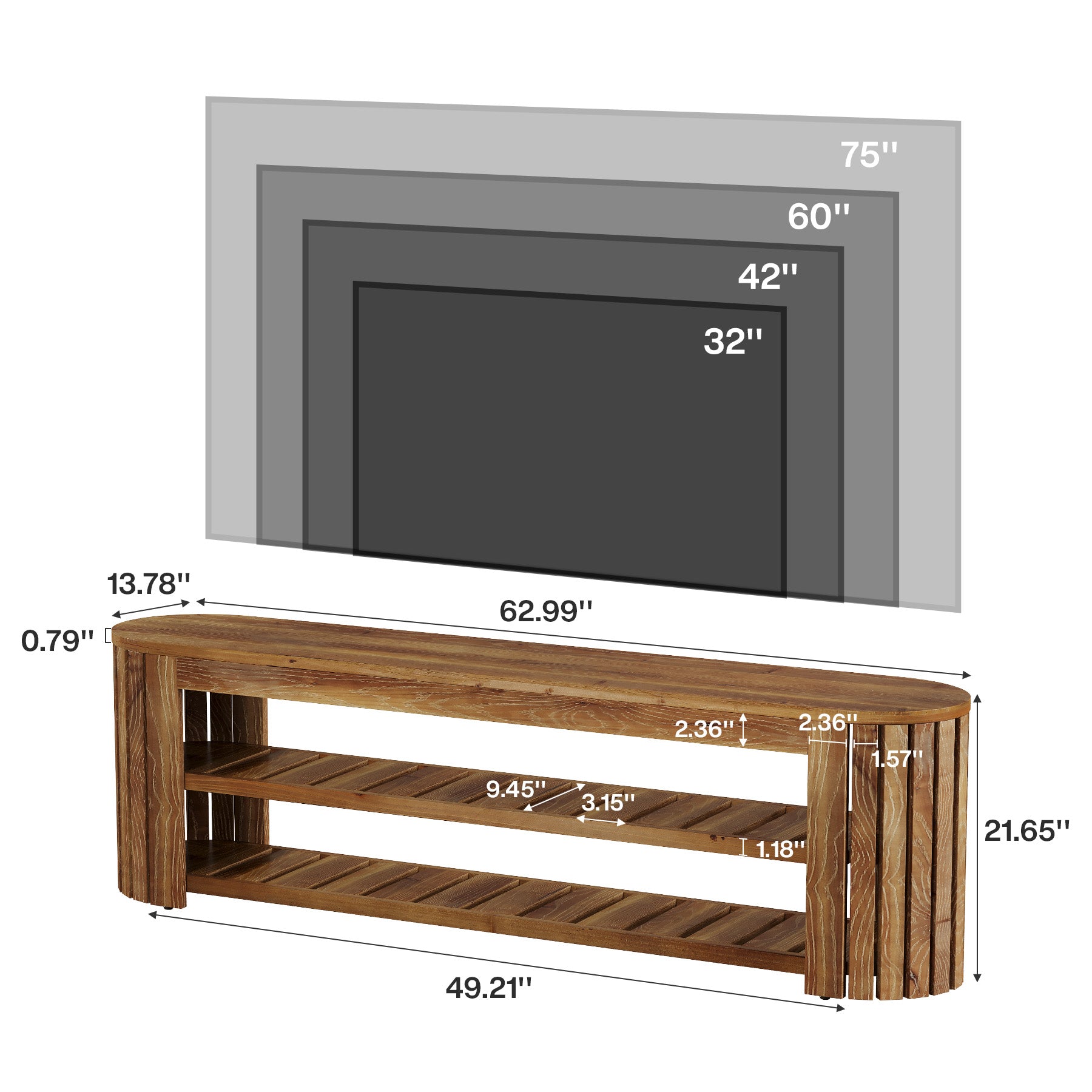 63 Inch Solid Fir Wood TV Stand with Rounded Top, Farmhouse Media Console with Shelves