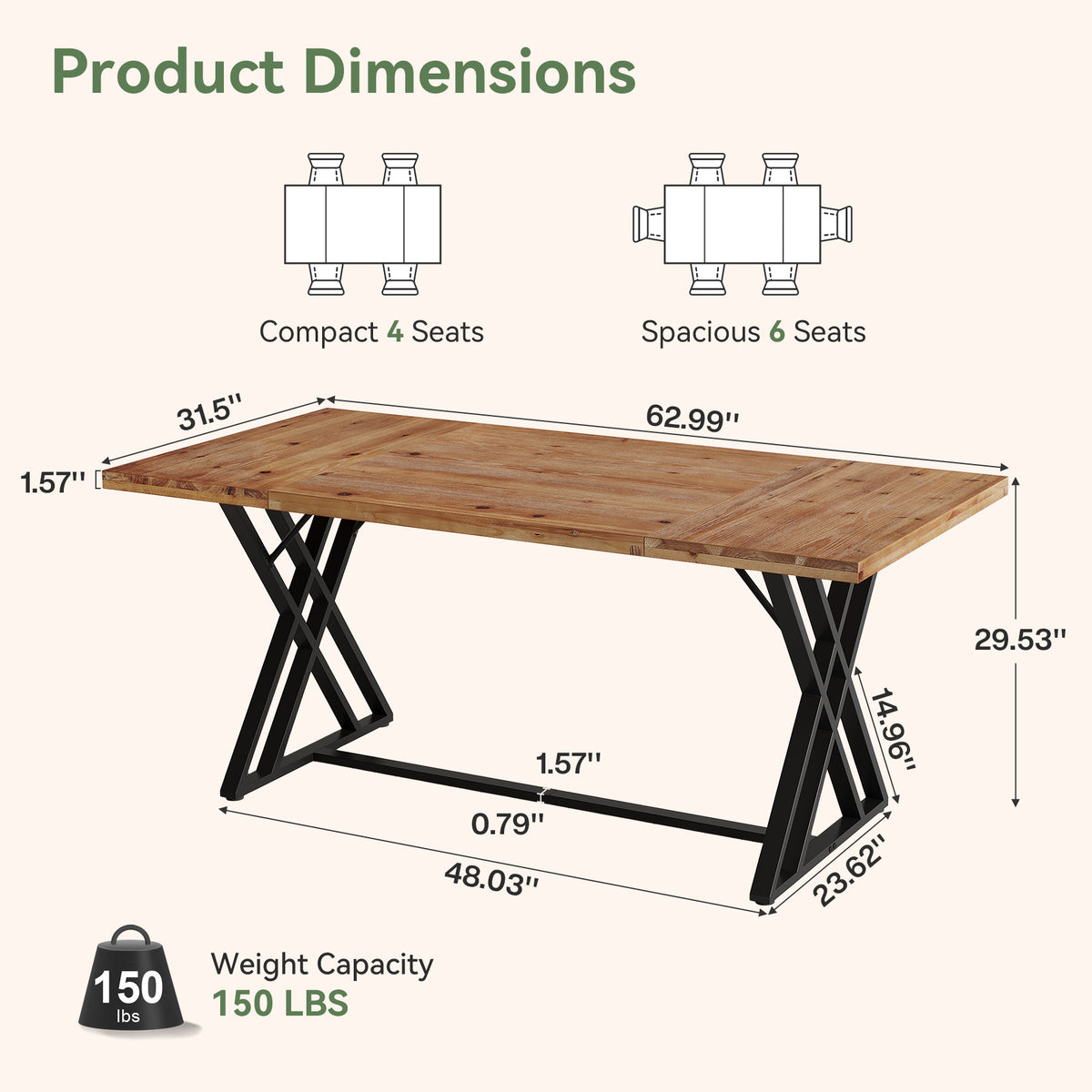 Tribesigns 63 Inch Solid Wood Dining Table with X-Shaped Metal Legs, Farmhouse Kitchen Table