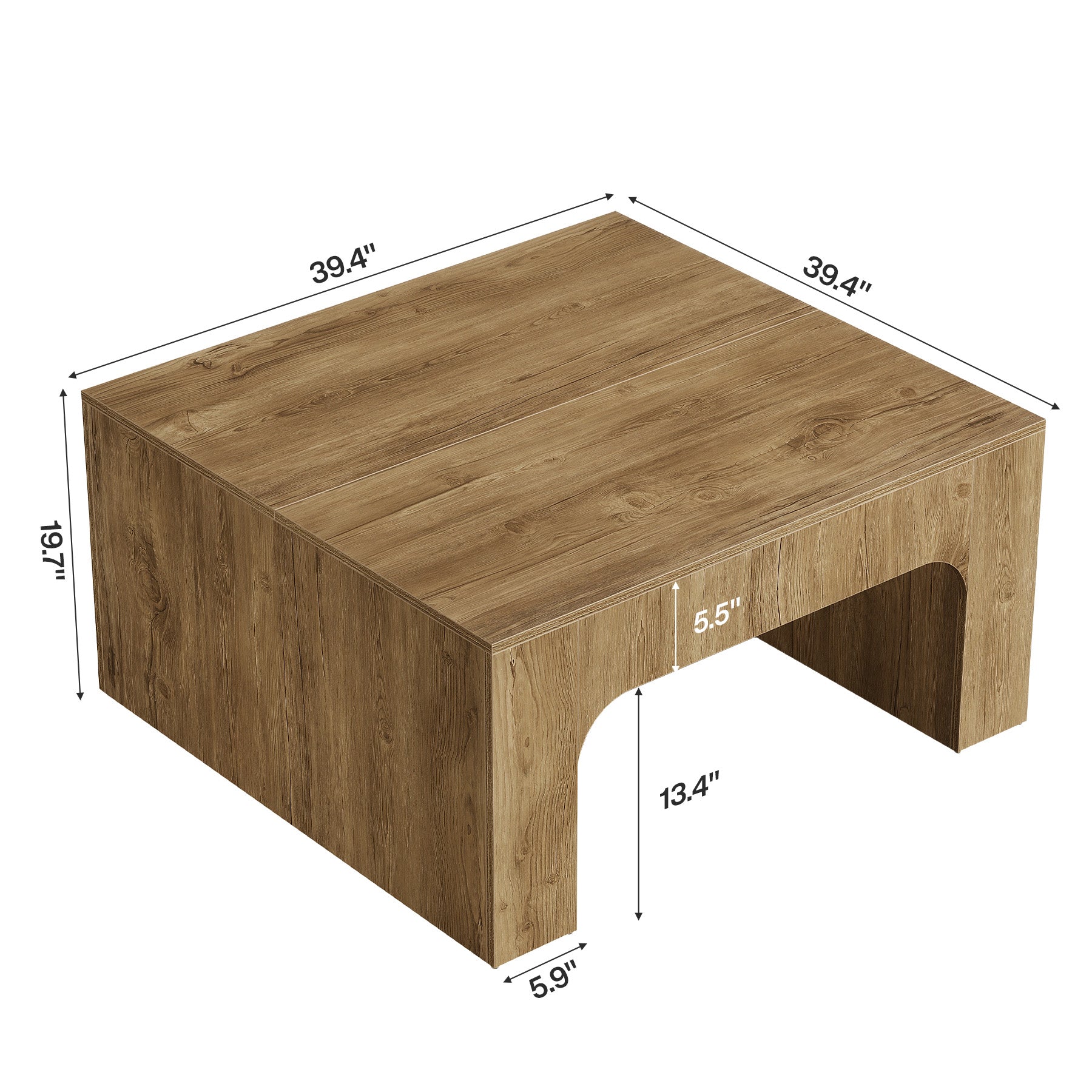 39 Inch Square Coffee Table, Farmhouse Wooden Center Table with Curved Design for Living Room