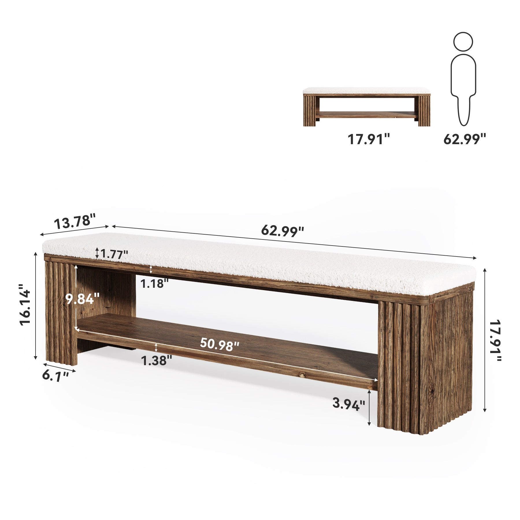 Tribesigns 63 Inch Solid Wood Bench with Removable Faux Lambswool Cushion, Farmhouse End of Bed Seat