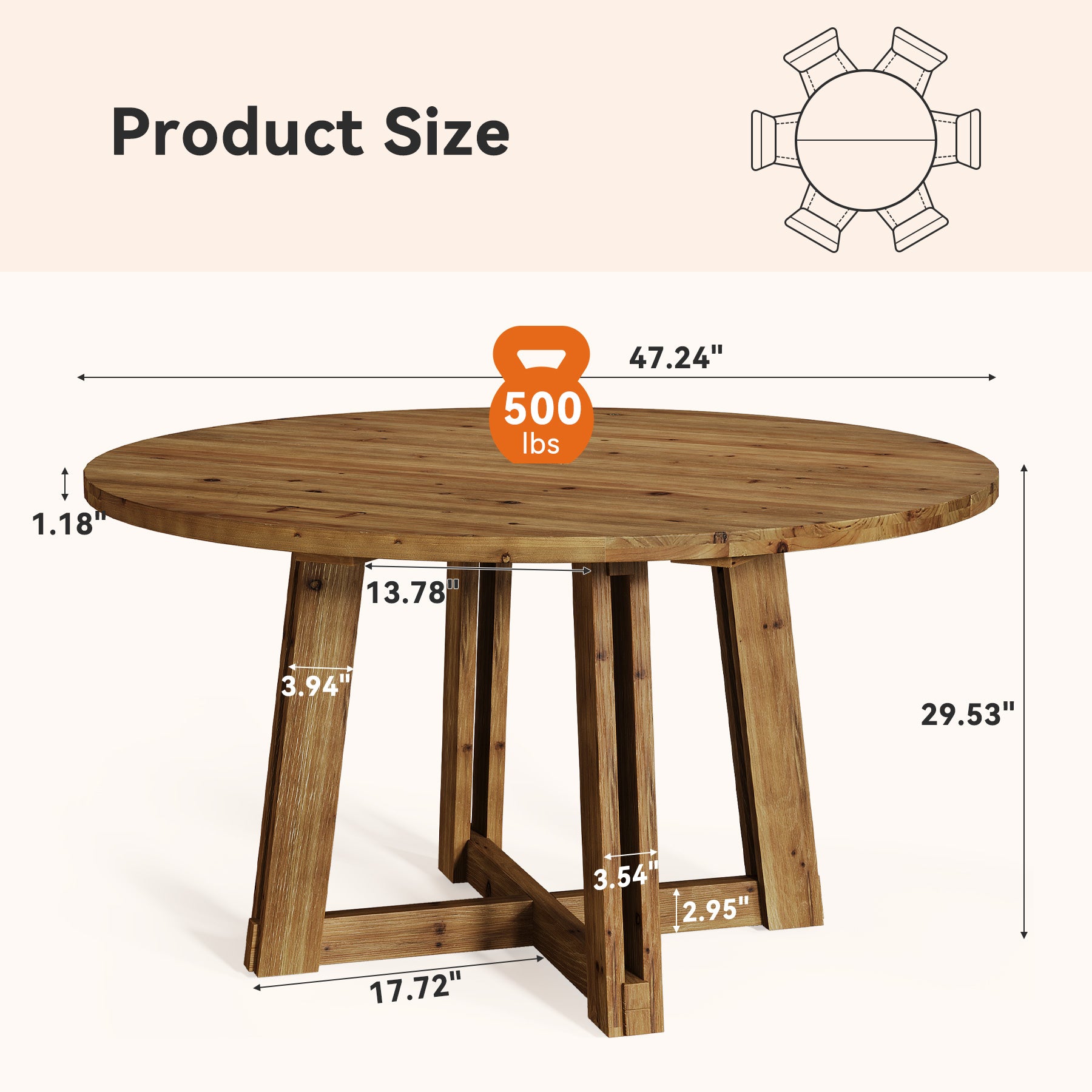 Tribesigns 47.3-Inch Solid Wood Round Dining Table for 4-6 People, Farmhouse Kitchen Table with Cross-Shaped Base for Dining Room