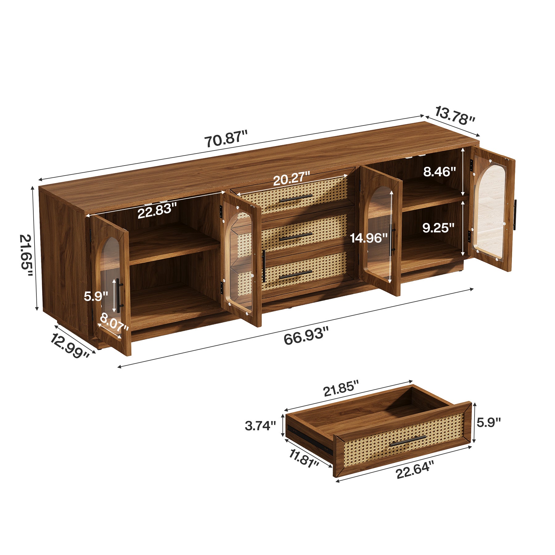 Tribesigns 71-Inch TV Stand with Rattan Drawers, Mid-Century Media Console for Living Room