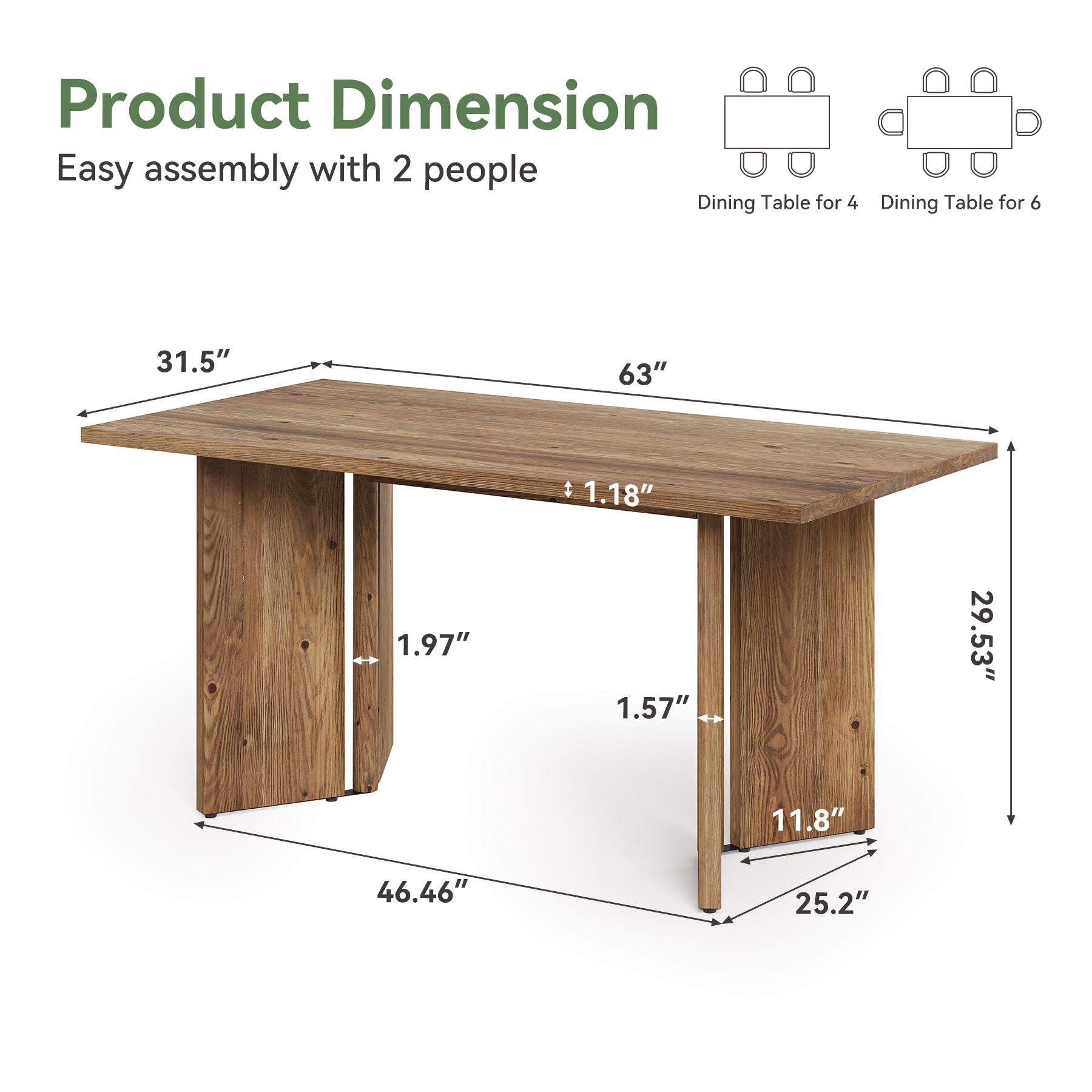 63-Inch Solid Wood Dining Table for 4-6 People with Clamp-Style Legs, Farmhouse Rectangular Kitchen Table