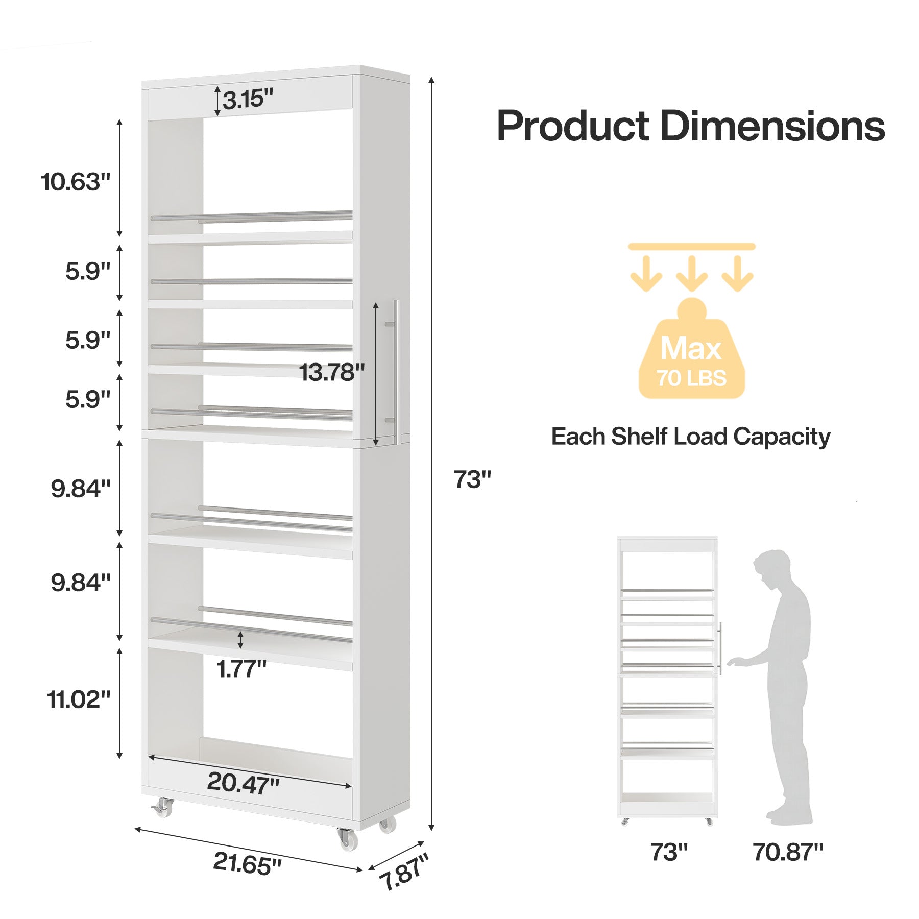 73-Inch 7-Tier Slim Rolling Pantry Cart, Narrow Pull-Out Storage Rack for Kitchen Gaps