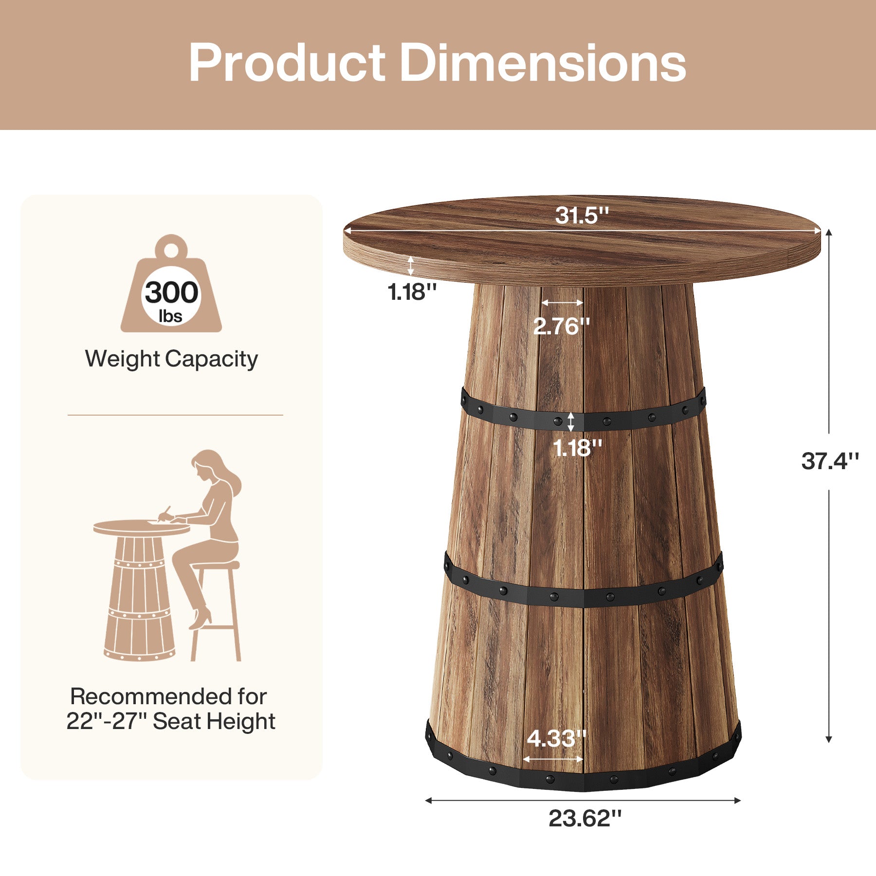 Tribesigns 31.5-Inch Round Bar Table with Barrel Base, Farmhouse Pub Table for Kitchen and Home Bar