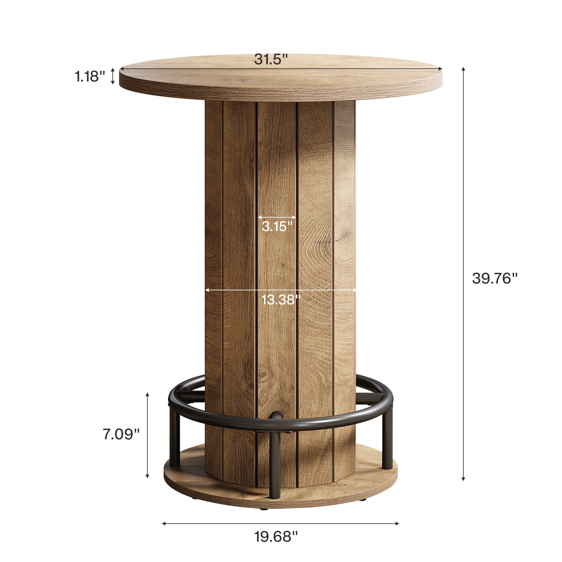 39.4" Round Wood Bar Table, Metal Ring Footrest for Dining & Living