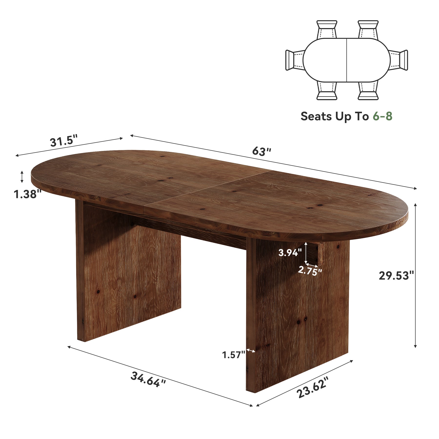 63-Inch Solid Wood Oval Dining Table for 4 to 6 People with Double Pedestal Base, Farmhouse Kitchen Table for Dining Room and Home Kitchen