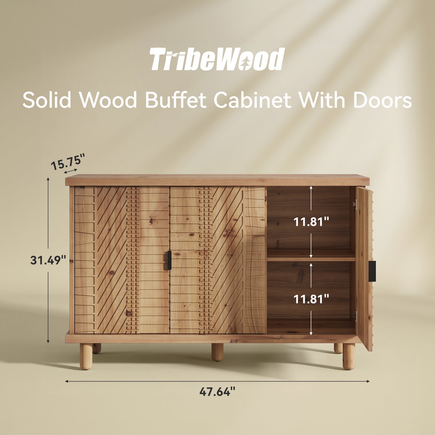 Tribesigns 47.6-Inch Farmhouse Sideboard Cabinet with 3 Doors, Solid Wood Buffet Cabinet for Kitchen