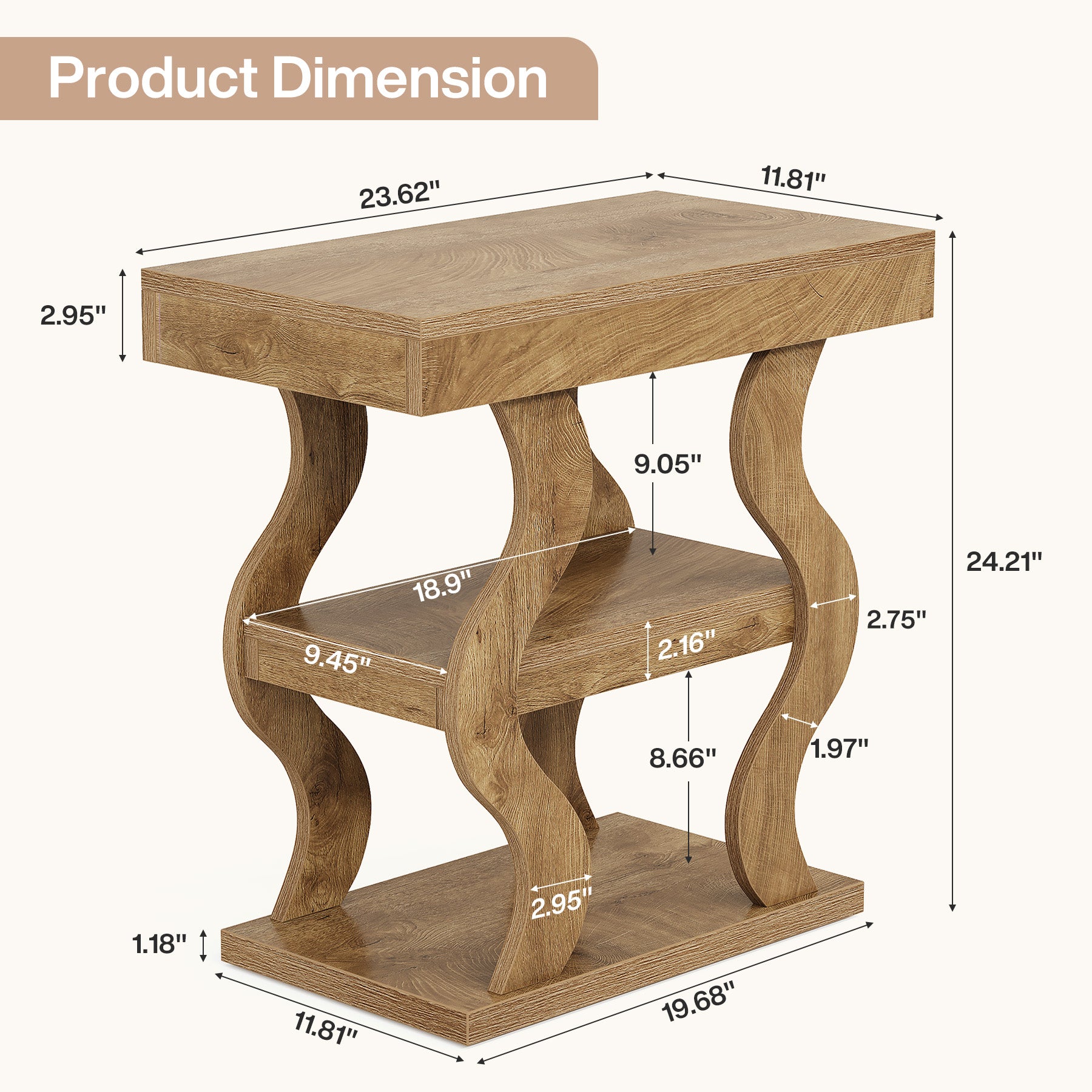 Tribesigns 23.62" Wavy End Table, 3-Tier Side Table for Living Room
