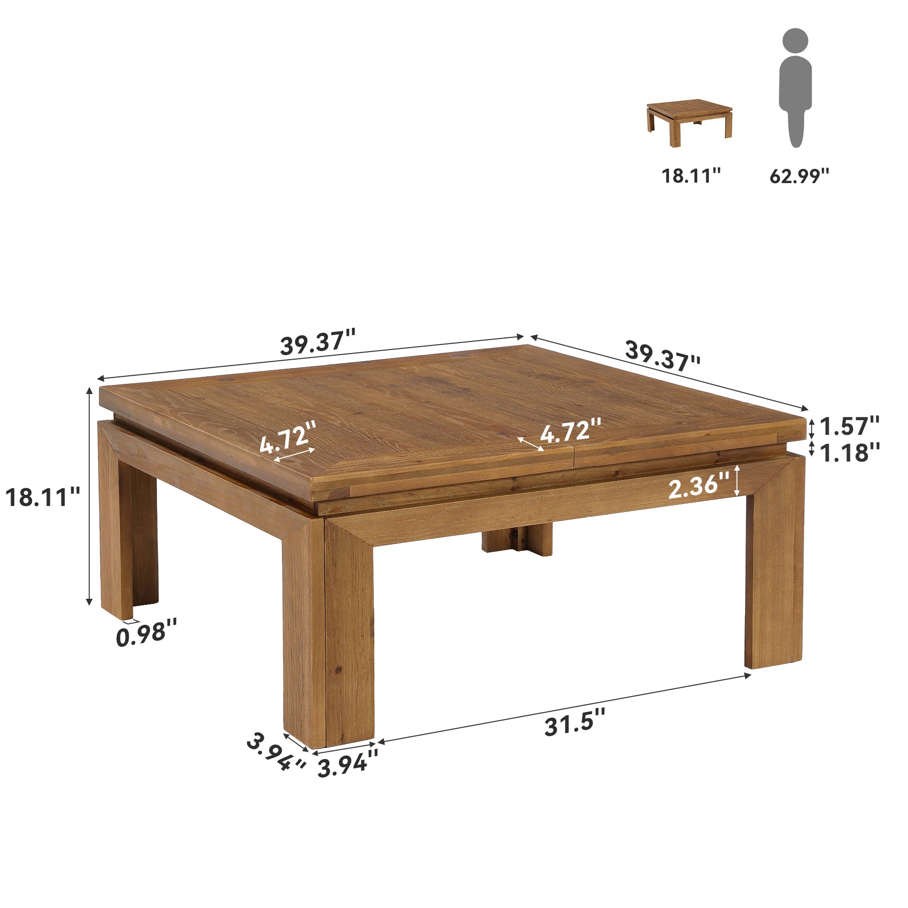 Tribesigns 39.4-Inch Solid Wood Coffee Table with Recessed Edge, Square Farmhouse Center Table for Living Room