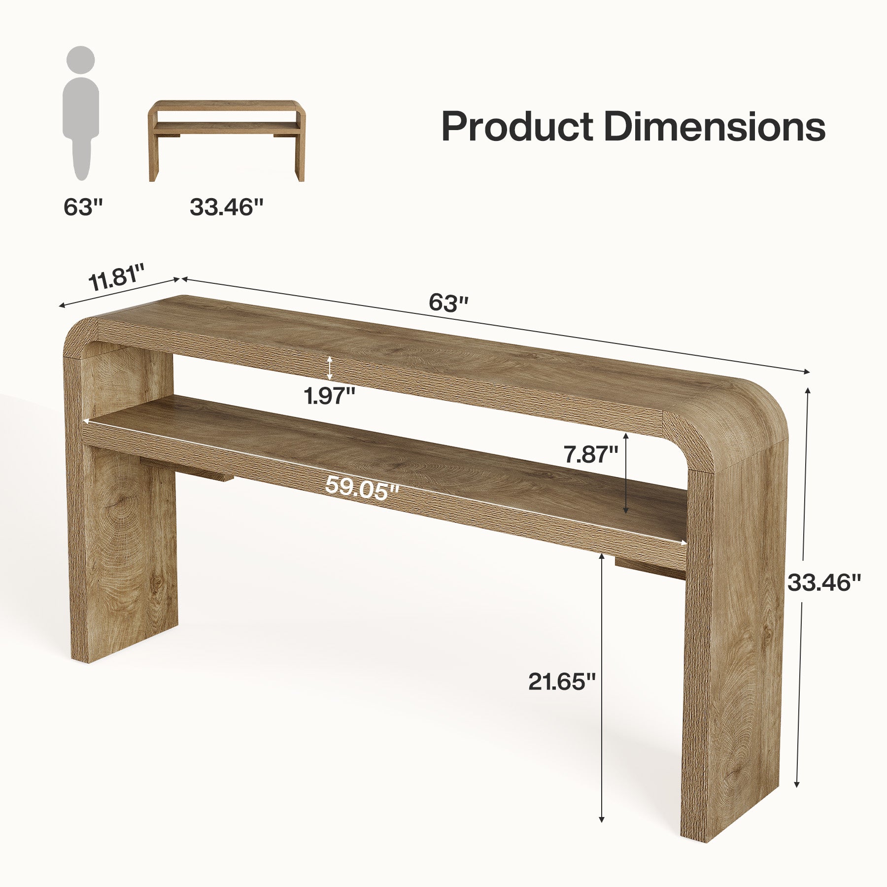63 Inch Long Console Table with 2-Tier Storage, Narrow Sofa Table for Living Room