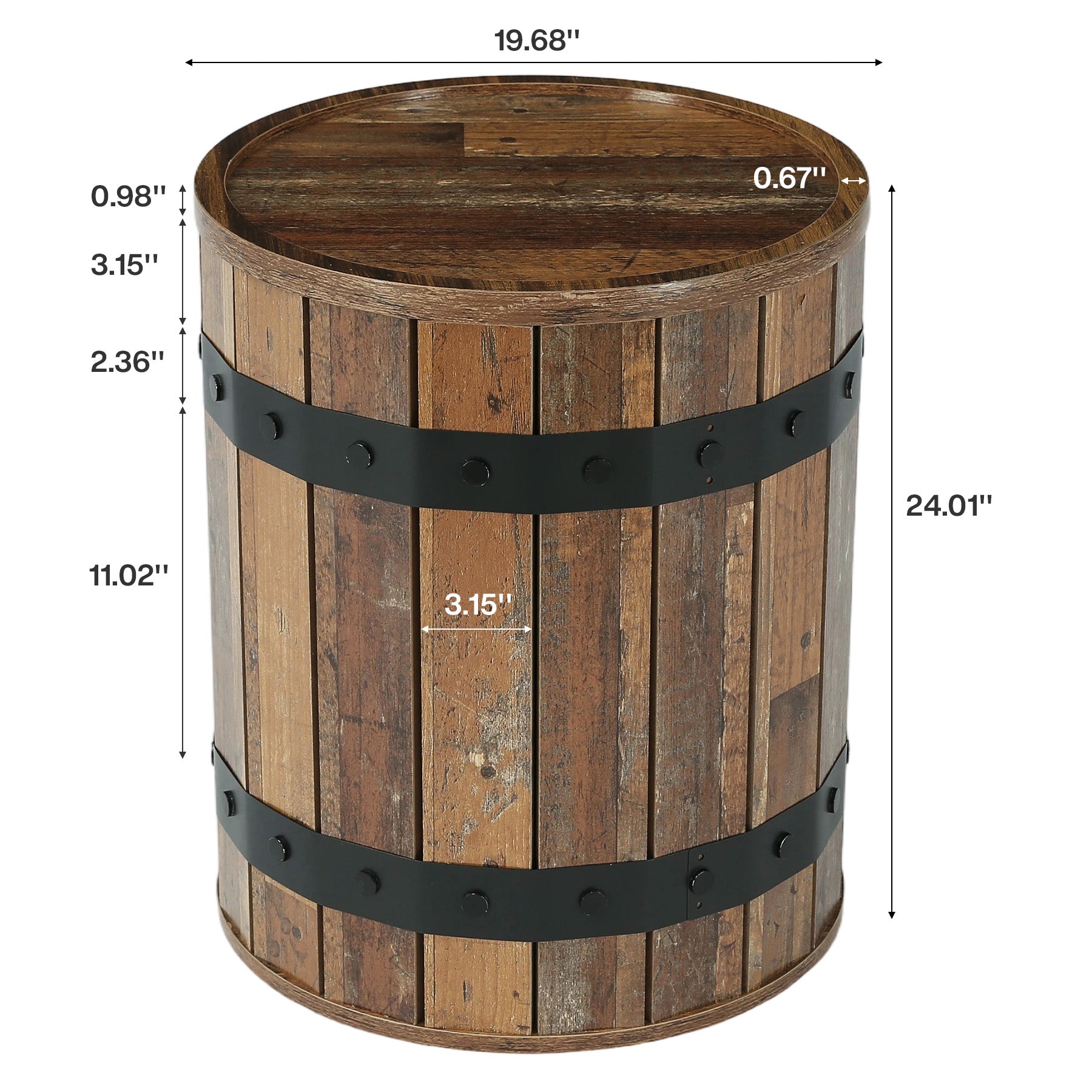 19.68-Inch Barrel Side Table with Hidden Storage, Farmhouse Round End Table with Removable Lid