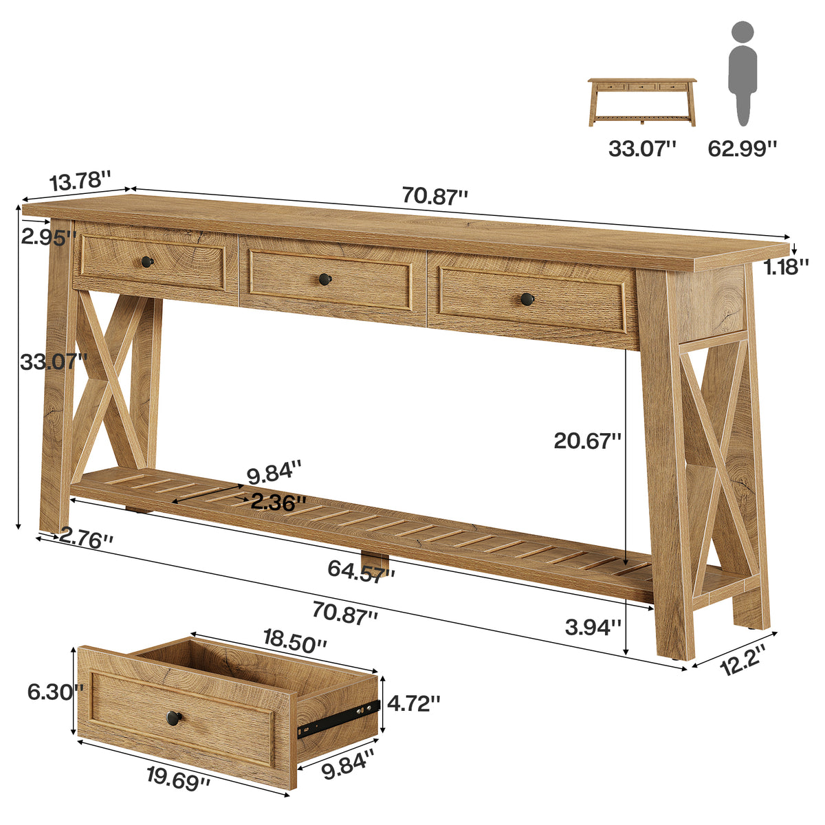 Tribesigns 70.87 Inch Console Table with 3 Drawers and Bottom Shelf, Farmhouse Sofa Table for Entryway and Living Room