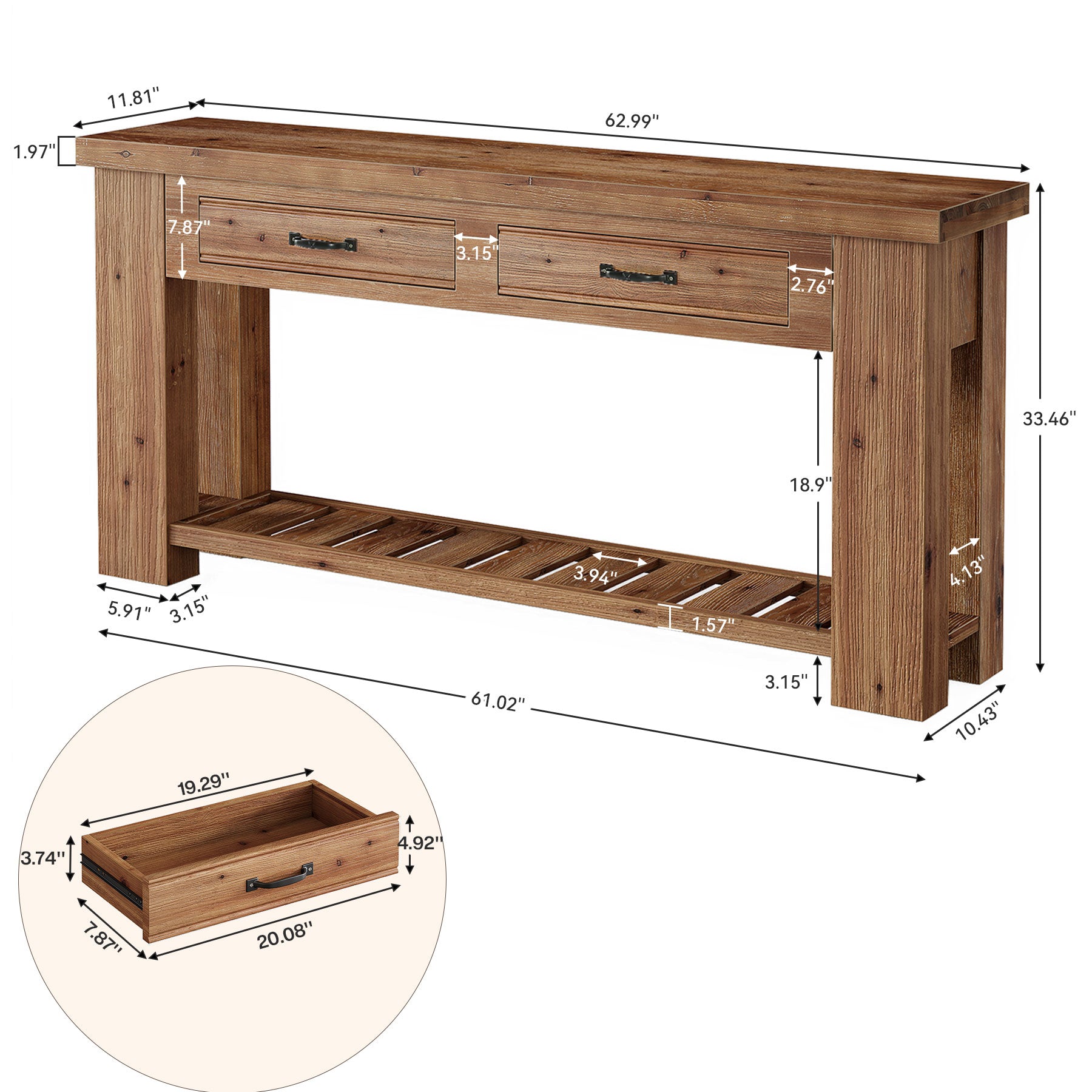 63-Inch Farmhouse Console Table with Solid Fir Wood Frame and 2 Drawers, Long Entryway Sofa Table with Slatted Shelf