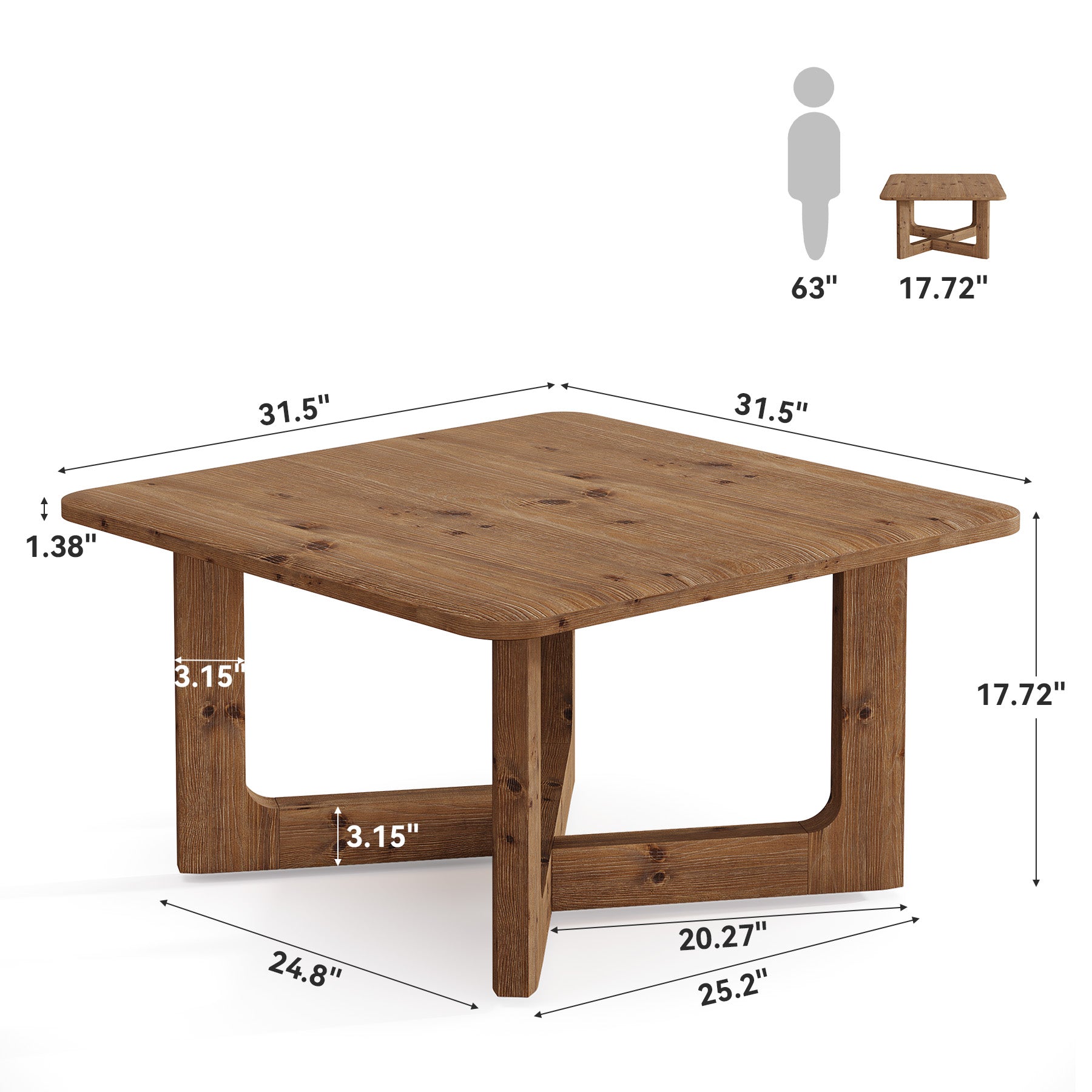 Tribesigns 31.5 Inch Square Solid Wood Coffee Table, Farmhouse Living Room Table with Sturdy Base