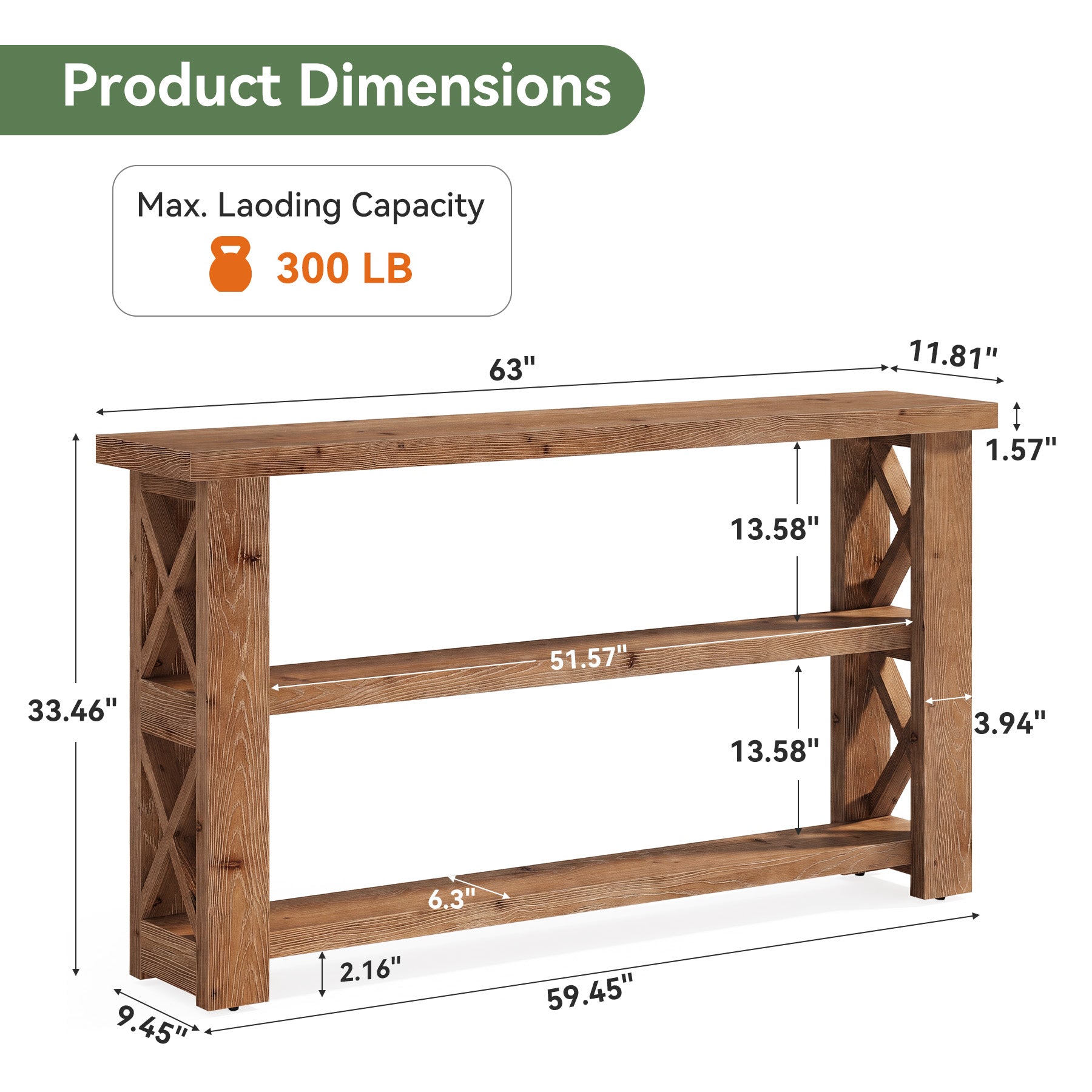 Tribesigns 63 Inch Solid Wood Console Table with X-Frame, 3-Tier Hallway Table for Living Room