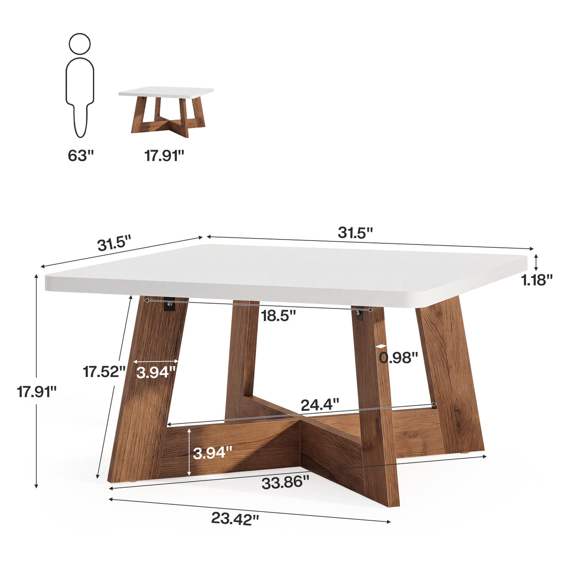 Tribesigns 31.5 Inch Square Coffee Table with Cross Base, Modern White Center Table for Living Room
