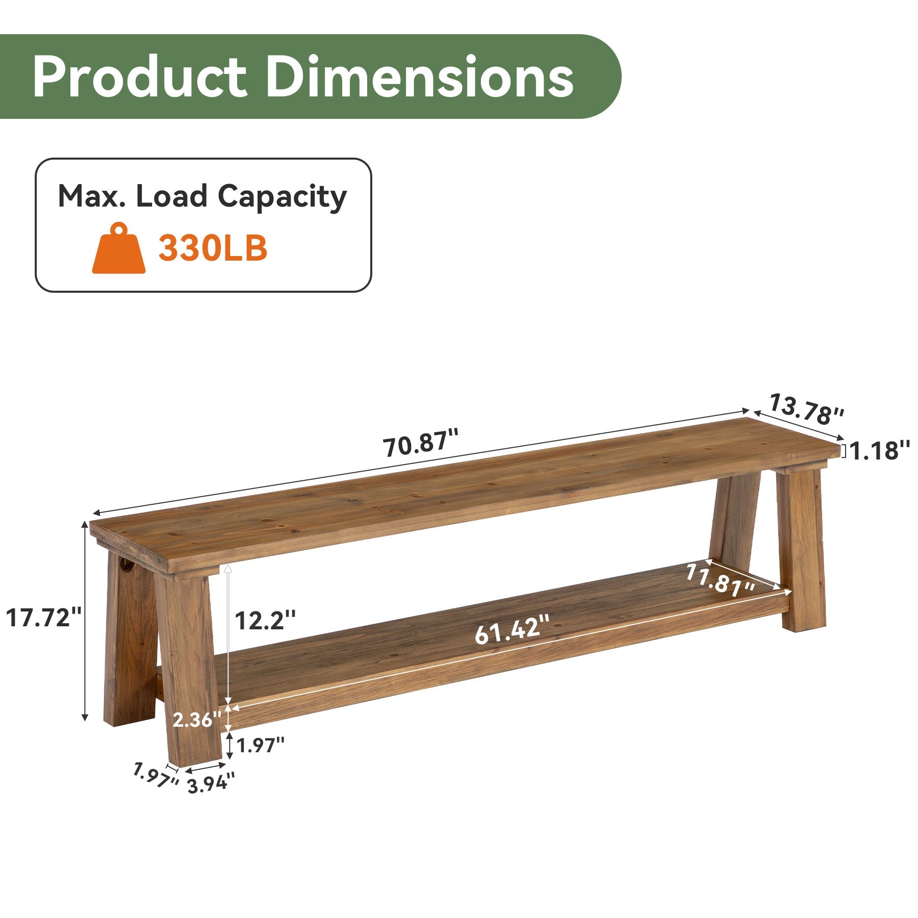 70.9-Inch Solid Wood Dining Bench with Storage Shelf, Farmhouse Bench for Dining Room