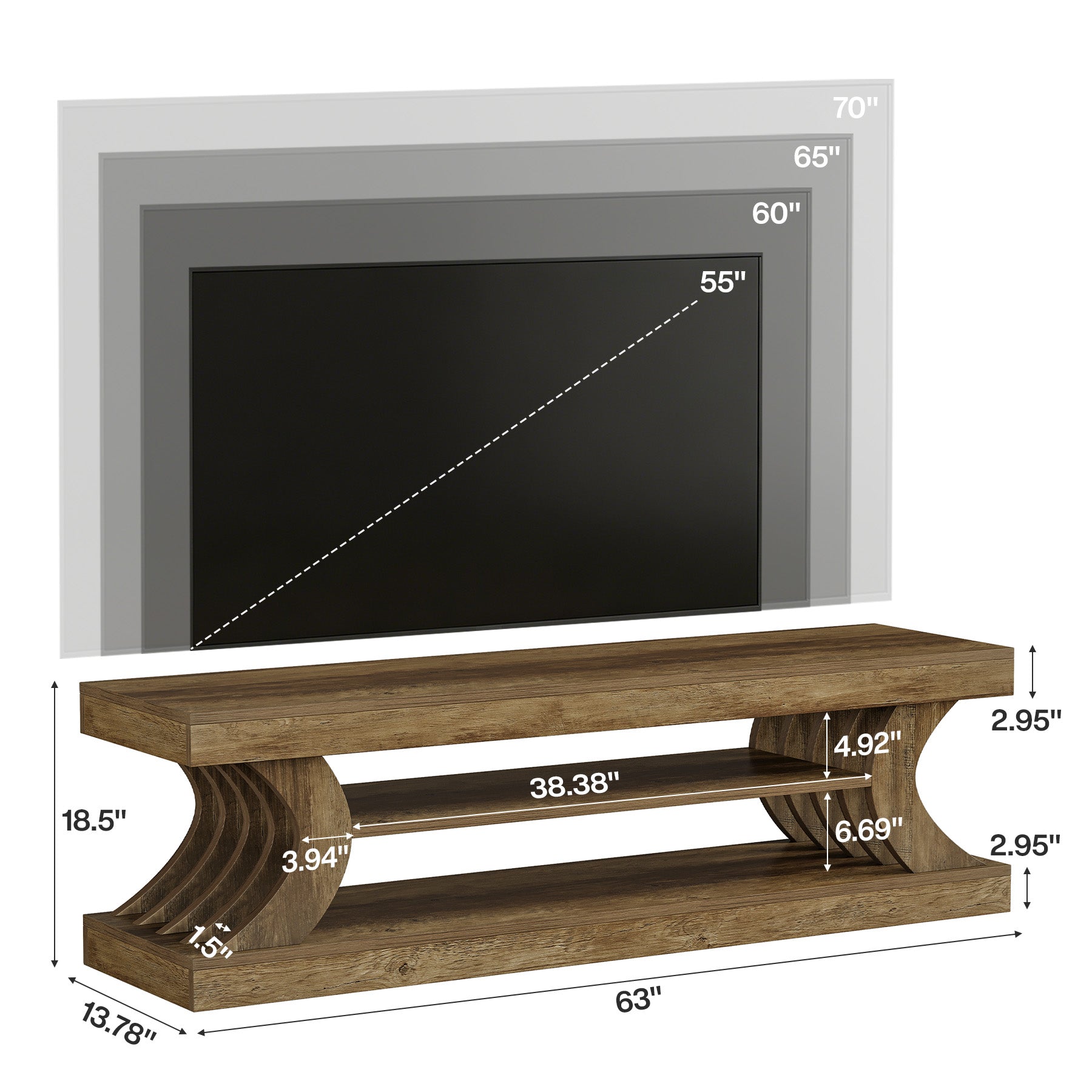 Tribesigns 63-Inch Farmhouse TV Stand with 3-Tier Storage, Curved Media Console for Living Room