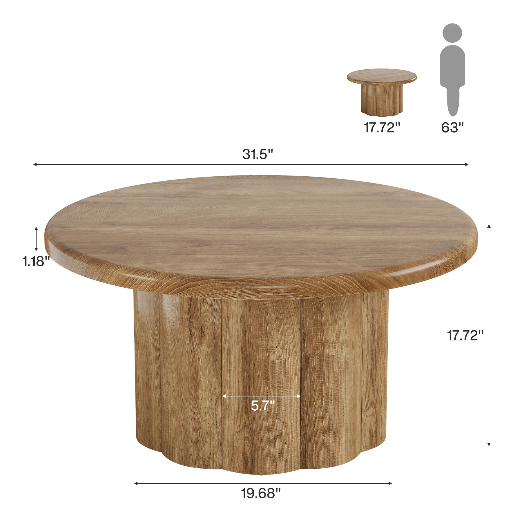 Rustic Fluted Drum Table,31.5" Round Farmhouse Center Table for Cozy Living
