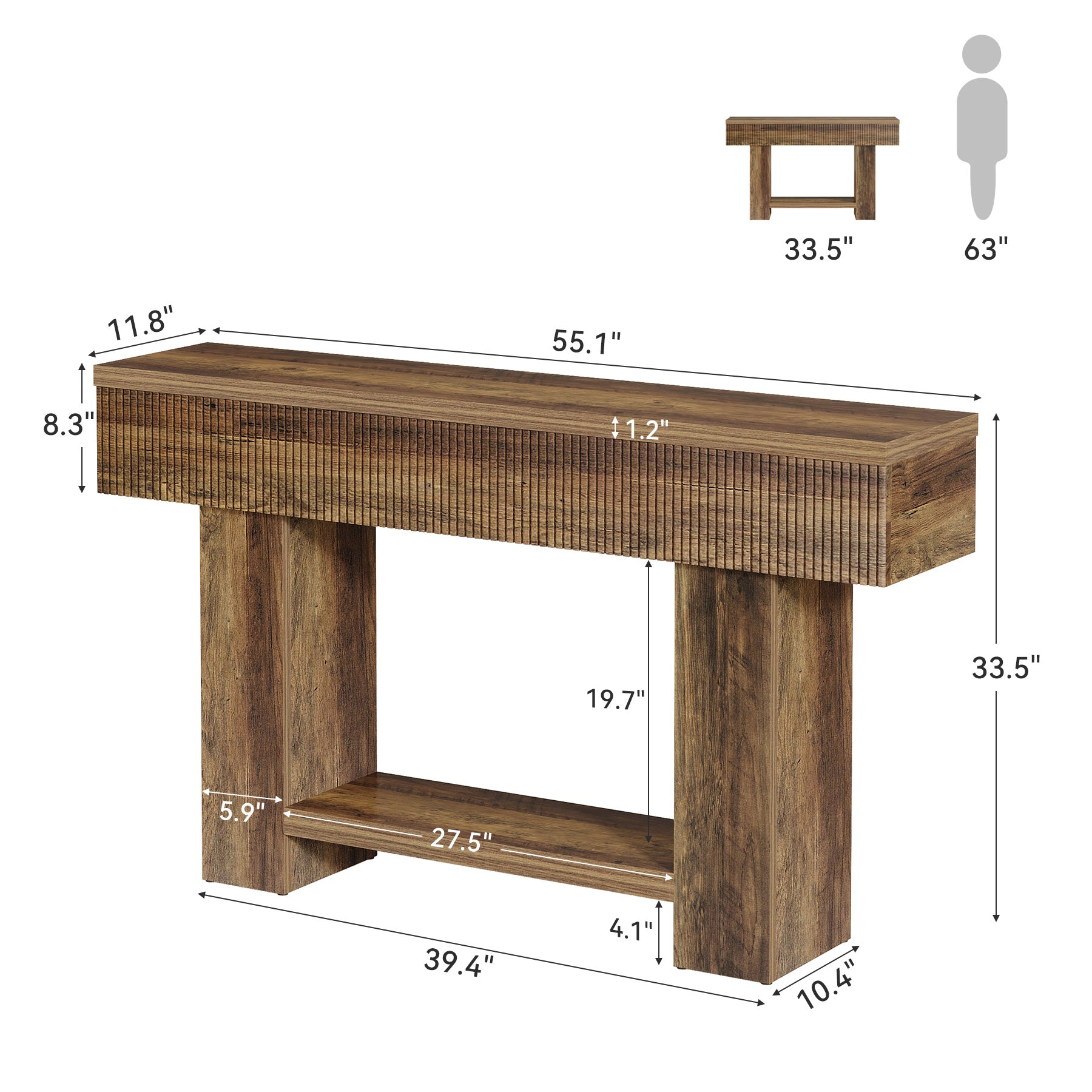 55-Inch Farmhouse Console Table with 2-Tier Storage and U-Shaped Base, Narrow Entryway Sofa Table for Hallway