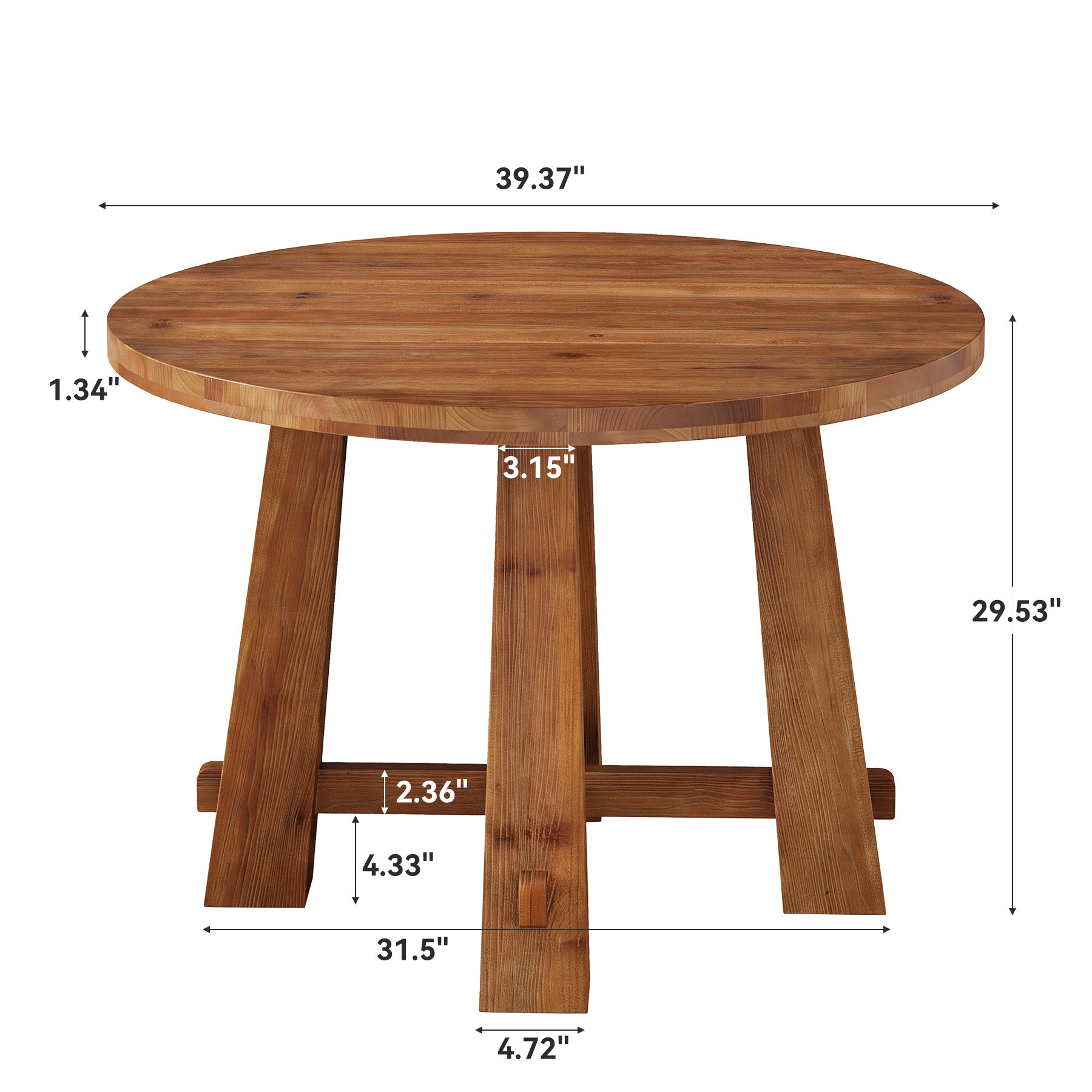 39.4 Inch Solid Wood Round Dining Table with Cross Base, Farmhouse Kitchen Table for 2-4