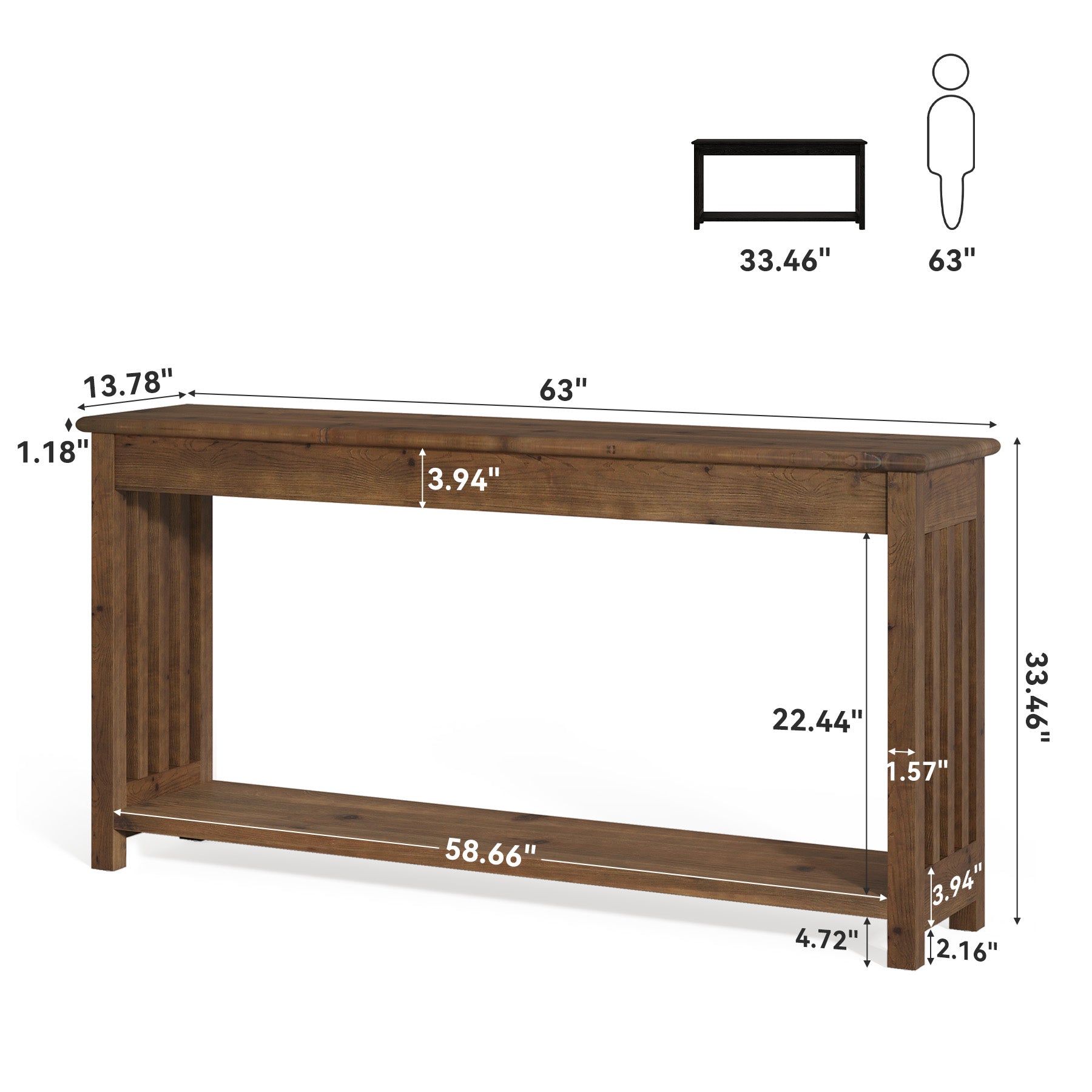 63-Inch Solid Wood Console Table, Farmhouse 2-Tier Entryway Sofa Table for Hallway