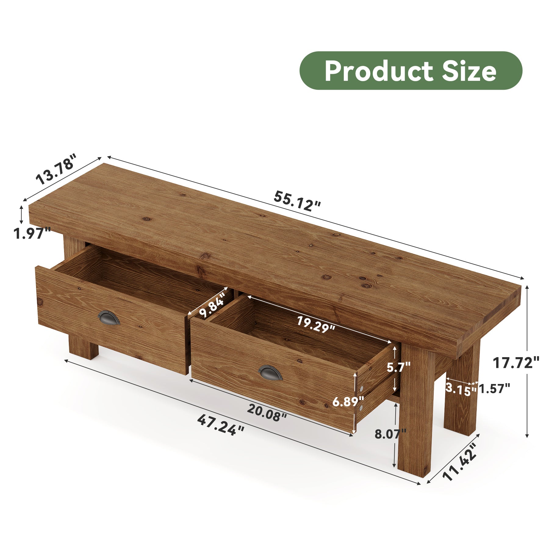 Tribesigns 55 Inch Solid Wood Storage Bench with 2 Drawers, Farmhouse Entryway Seat for Hallway