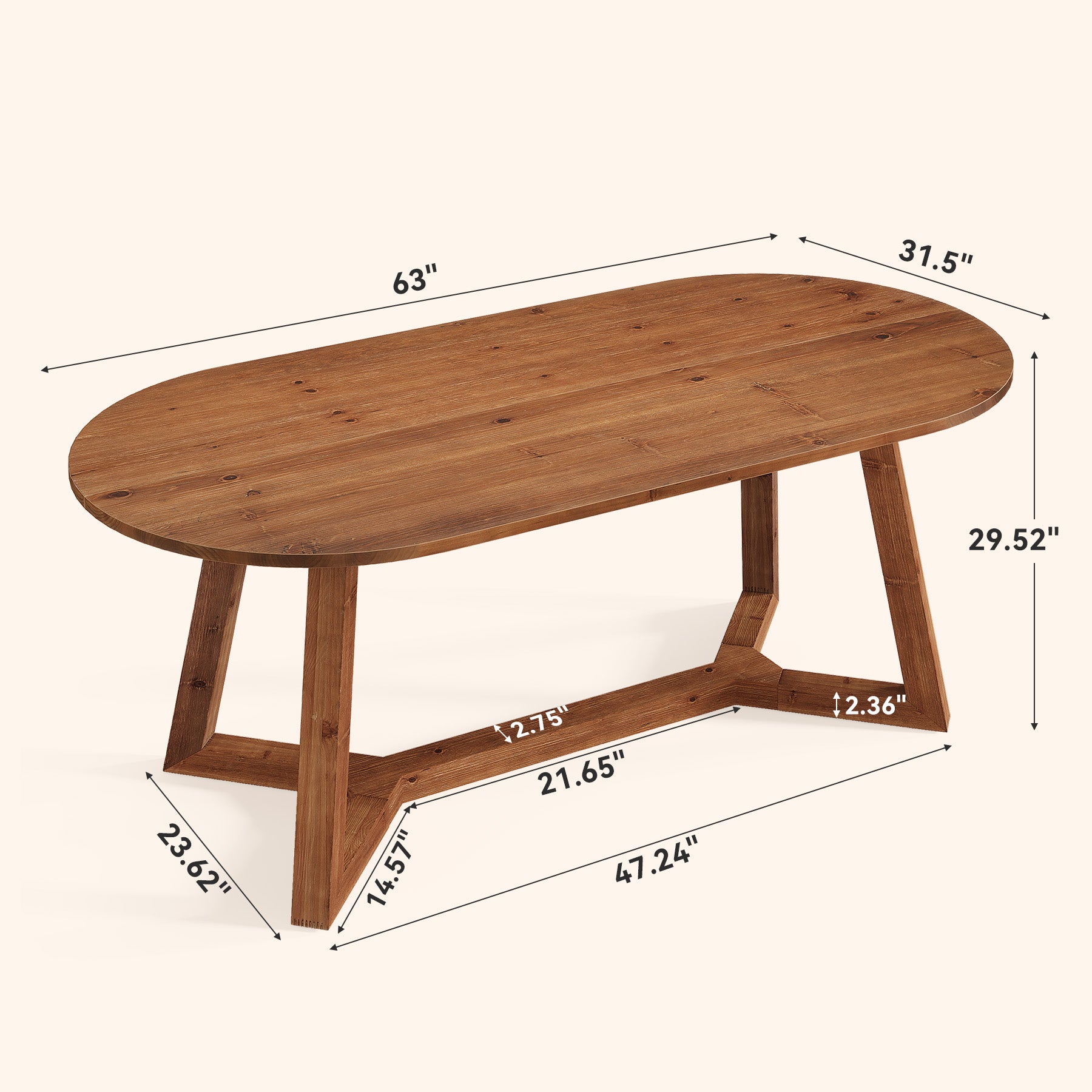63" Solid Wood Office Desk, Oval Executive Desk with Tapered Legs