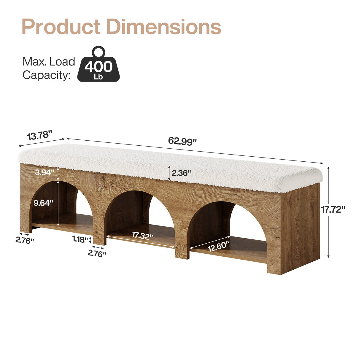 Tribesigns 63" Upholstered Entryway Bench with Arched Shoe Storage, Cushioned Bench for Hallway
