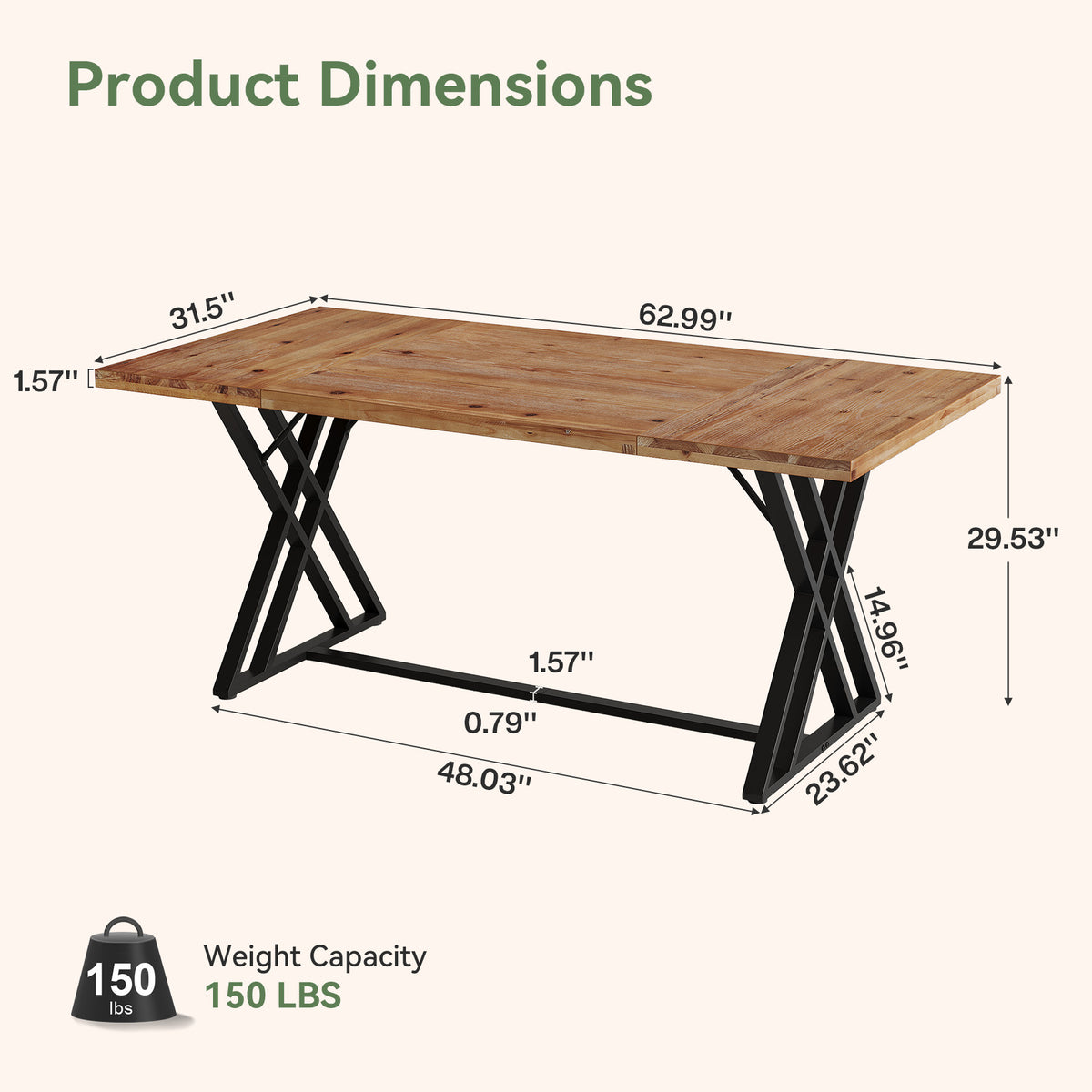 Tribesigns 63 Inch Solid Wood Computer Desk with X-Shaped Metal Legs, Farmhouse Home Office Desk