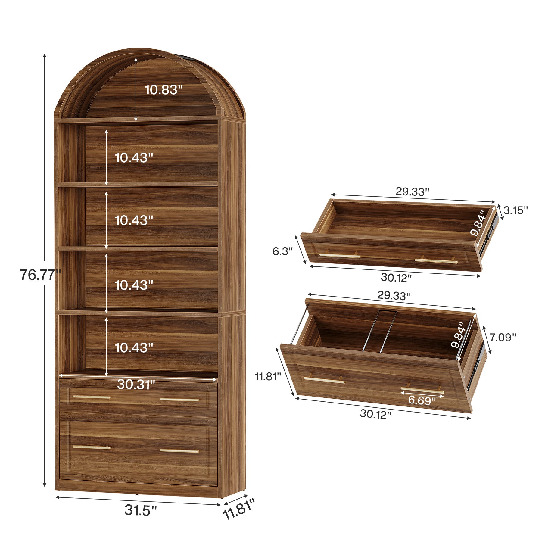 76.8-Inch Arched Bookcase with File Cabinet Drawer, 5-Tier Storage for Home Office