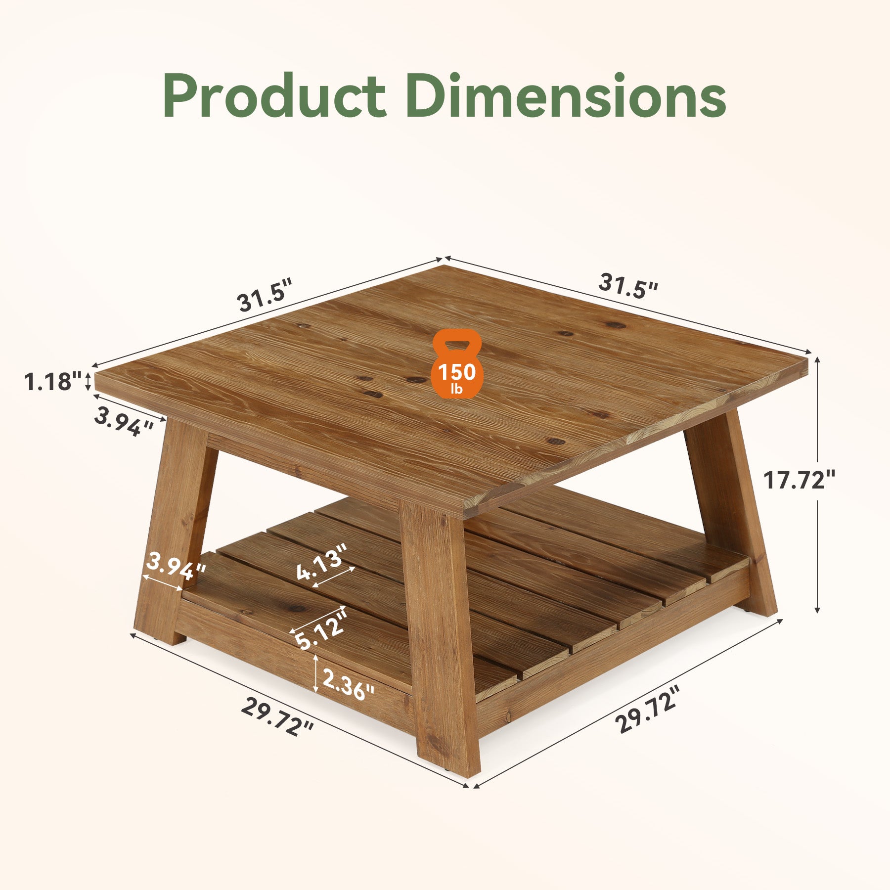 Tribesigns 31.5 Inch Solid Wood Square Coffee Table, Farmhouse Centre Table with Storage Shelf