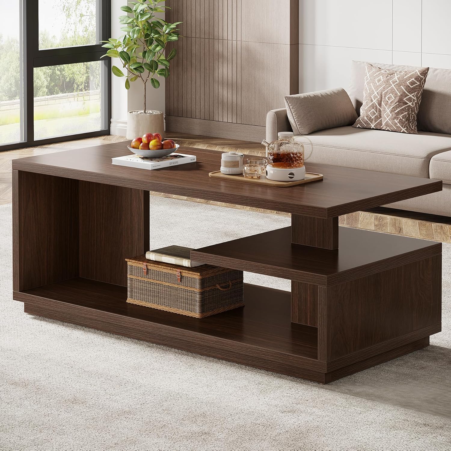 47.24" Mid-Century Coffee Table - Walnut Wood 3-Tier Storage Table w/Thick Base