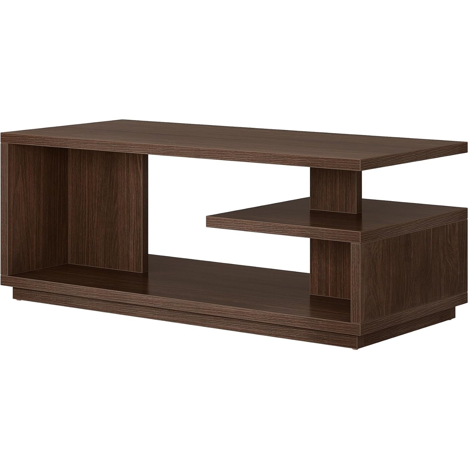 47.24" Mid-Century Coffee Table - Walnut Wood 3-Tier Storage Table w/Thick Base