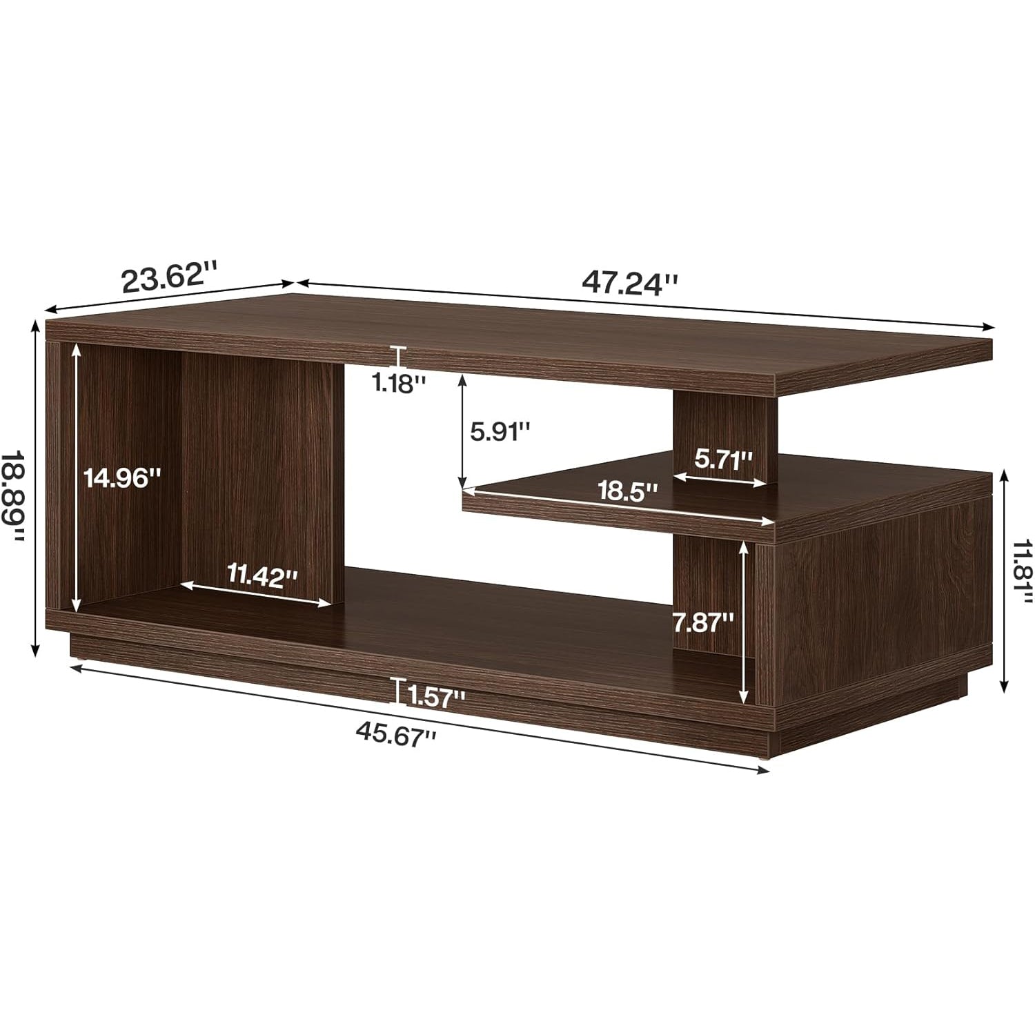 47.24" Mid-Century Coffee Table - Walnut Wood 3-Tier Storage Table w/Thick Base