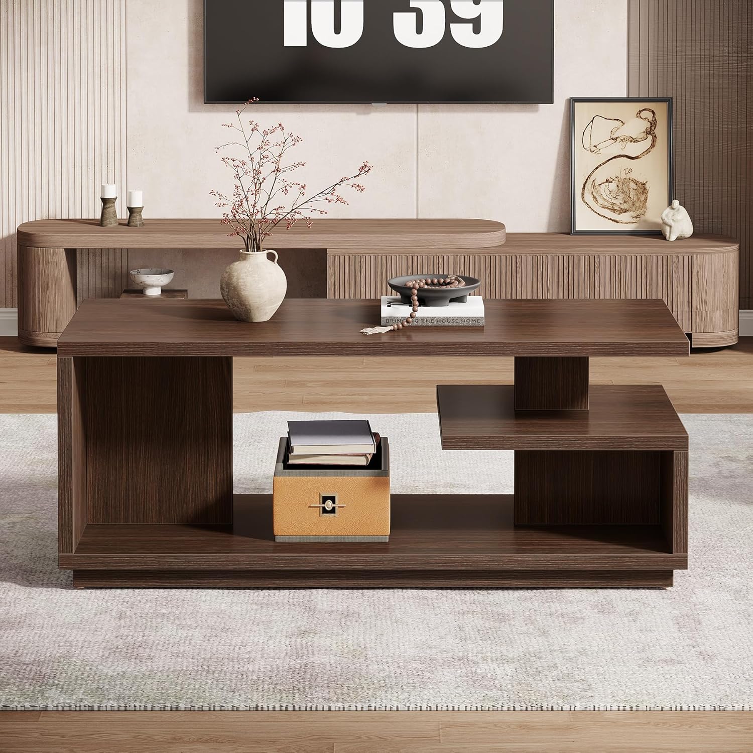 47.24" Mid-Century Coffee Table - Walnut Wood 3-Tier Storage Table w/Thick Base