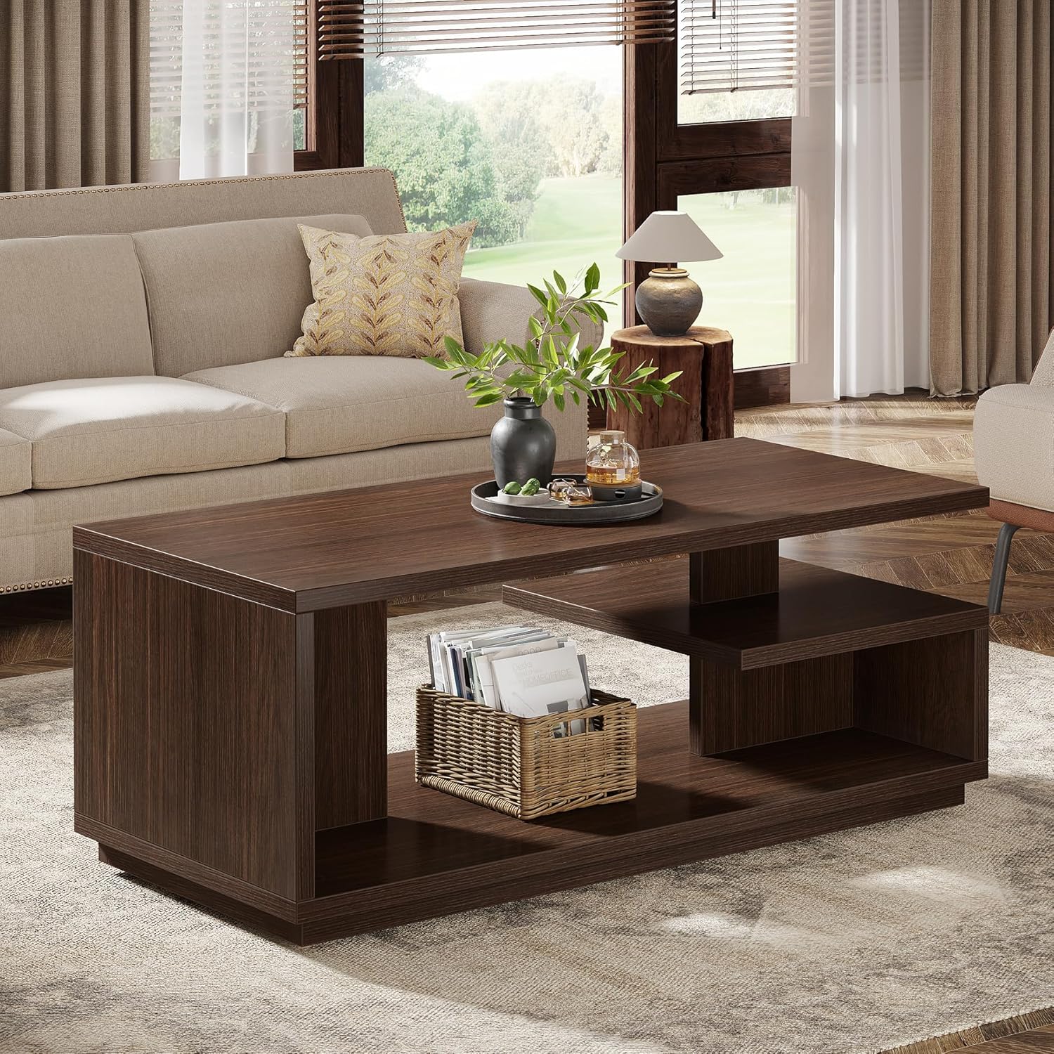 47.24" Mid-Century Coffee Table - Walnut Wood 3-Tier Storage Table w/Thick Base