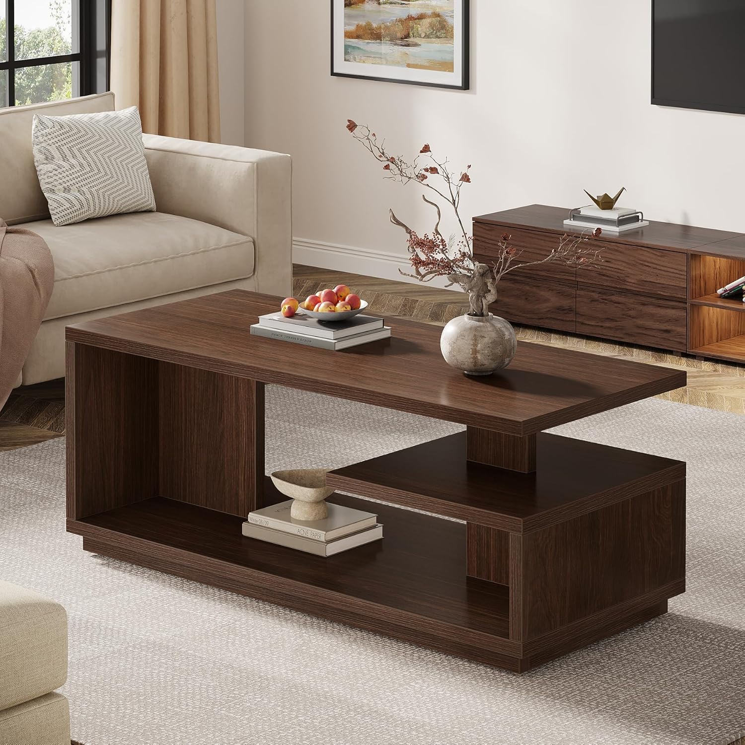 47.24" Mid-Century Coffee Table - Walnut Wood 3-Tier Storage Table w/Thick Base
