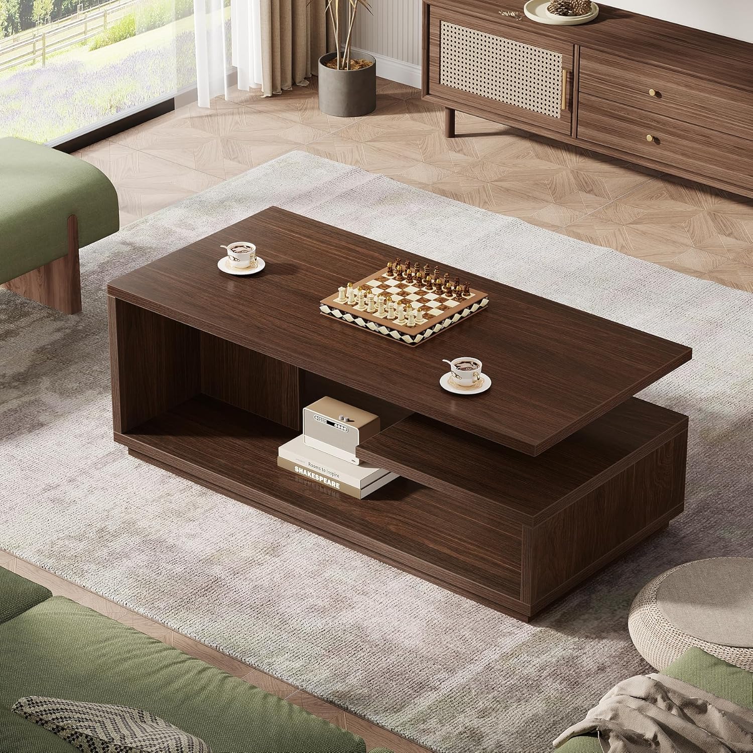 47.24" Mid-Century Coffee Table - Walnut Wood 3-Tier Storage Table w/Thick Base