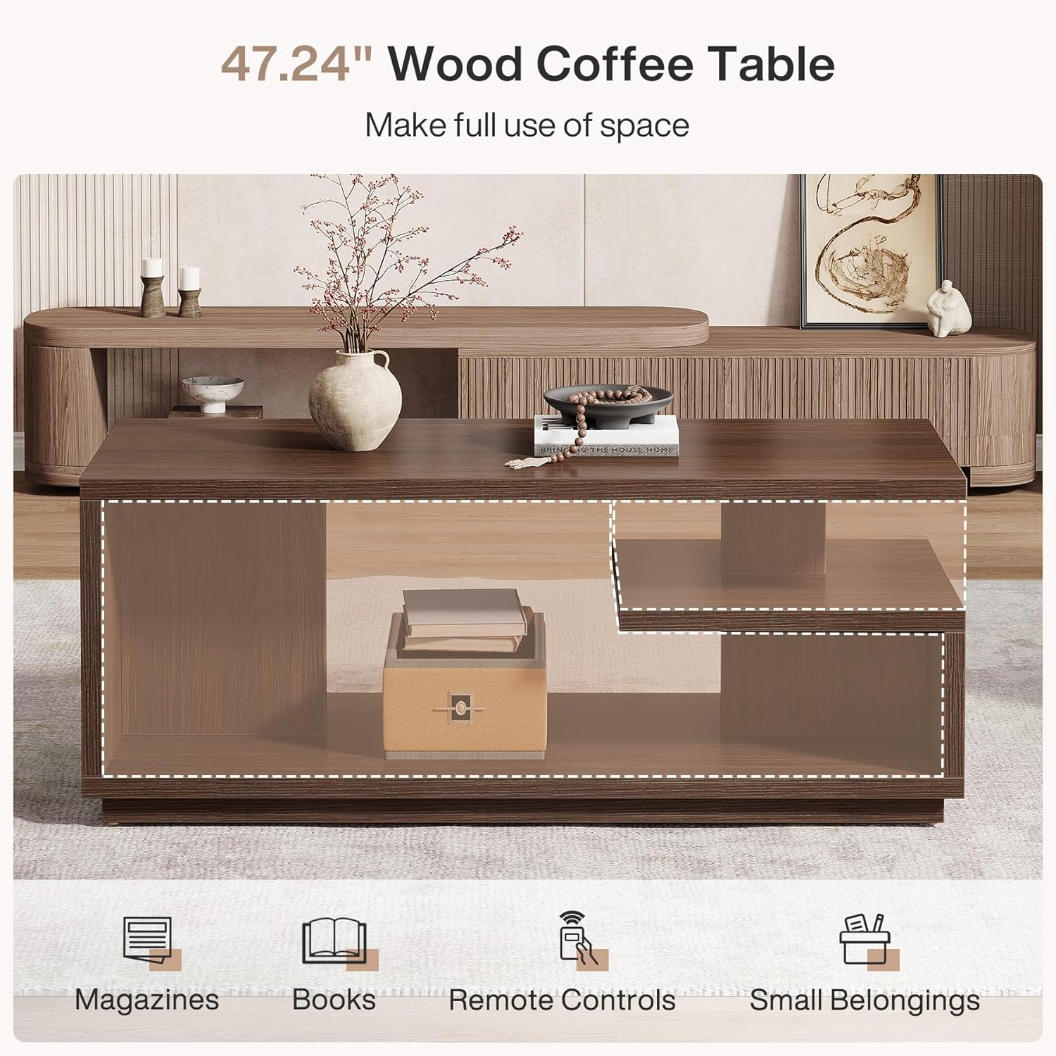 47.24" Mid-Century Coffee Table - Walnut Wood 3-Tier Storage Table w/Thick Base