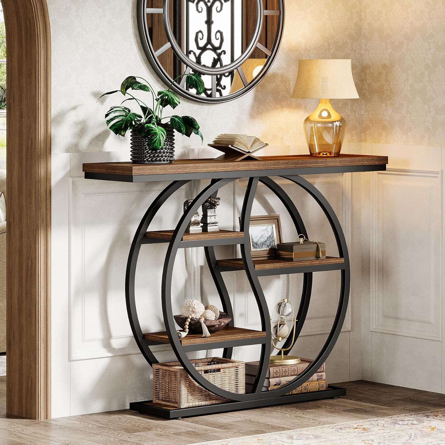 47.2" Industrial Console Table - 5-Tier Slim Sofa Table w/Wood Shelves for Entryway