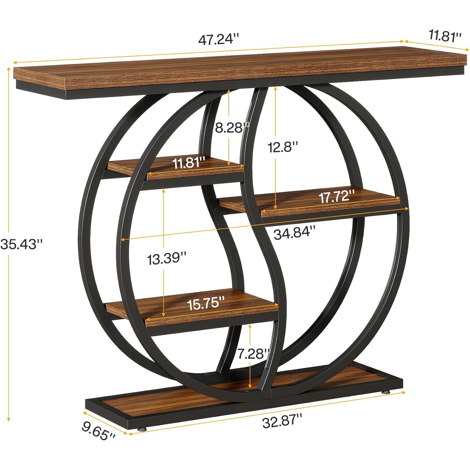 47.2" Industrial Console Table - 5-Tier Slim Sofa Table w/Wood Shelves for Entryway