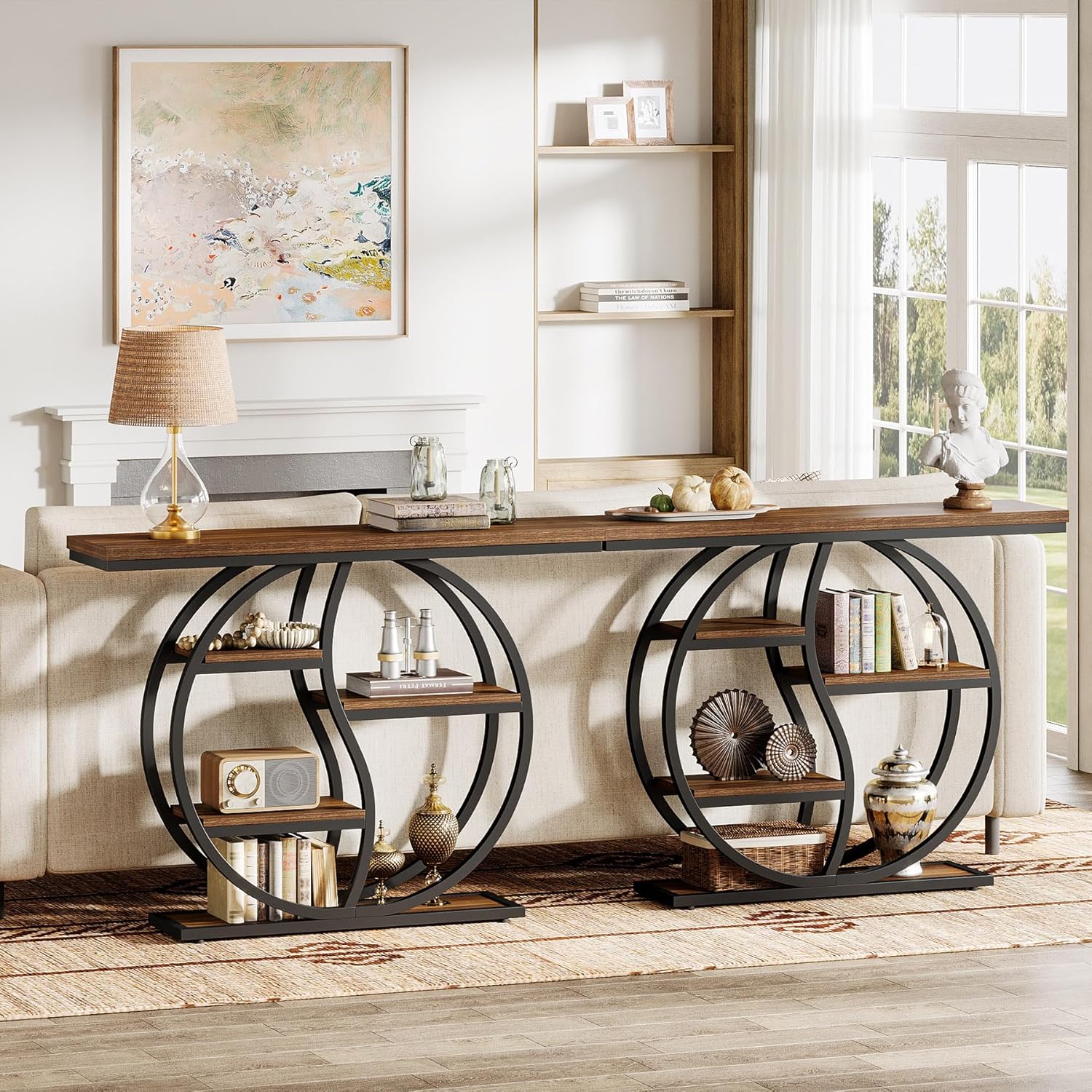 47.2" Industrial Console Table - 5-Tier Slim Sofa Table w/Wood Shelves for Entryway