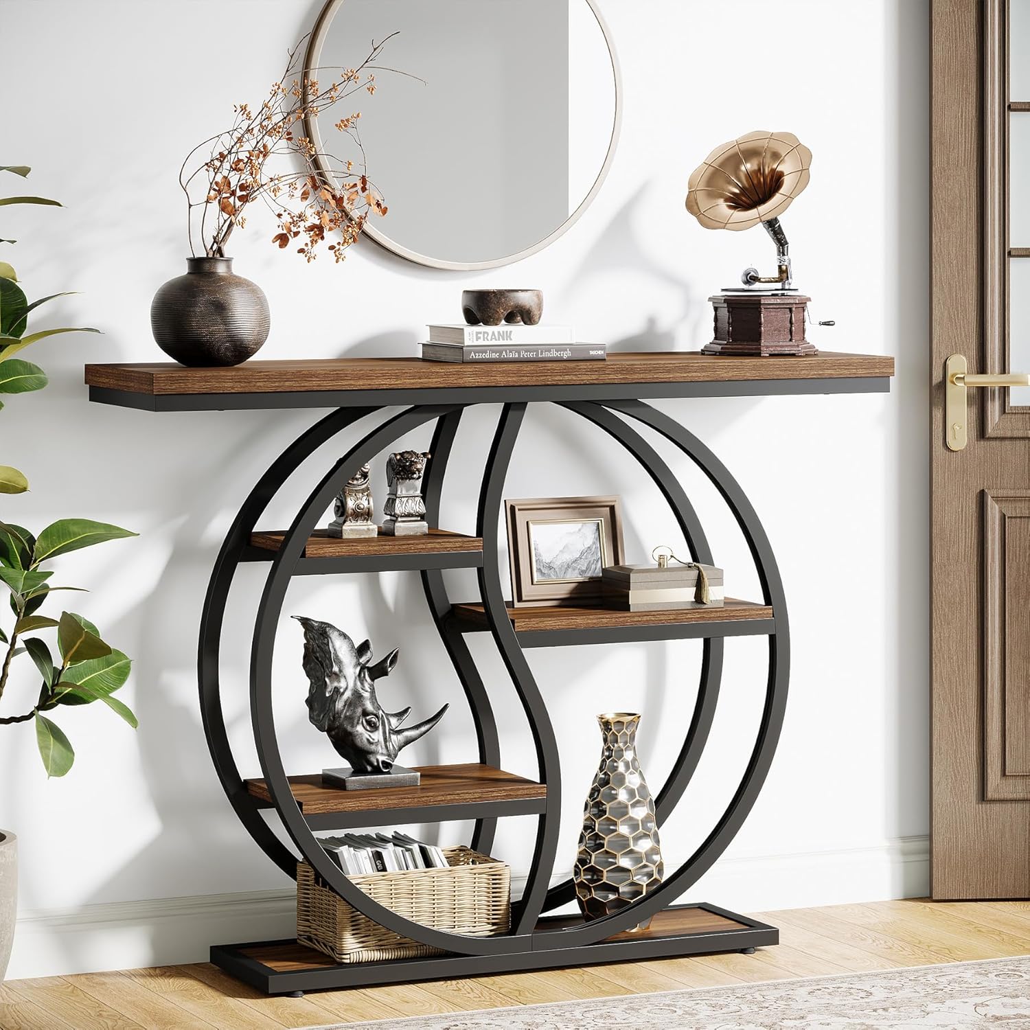 47.2" Industrial Console Table - 5-Tier Slim Sofa Table w/Wood Shelves for Entryway