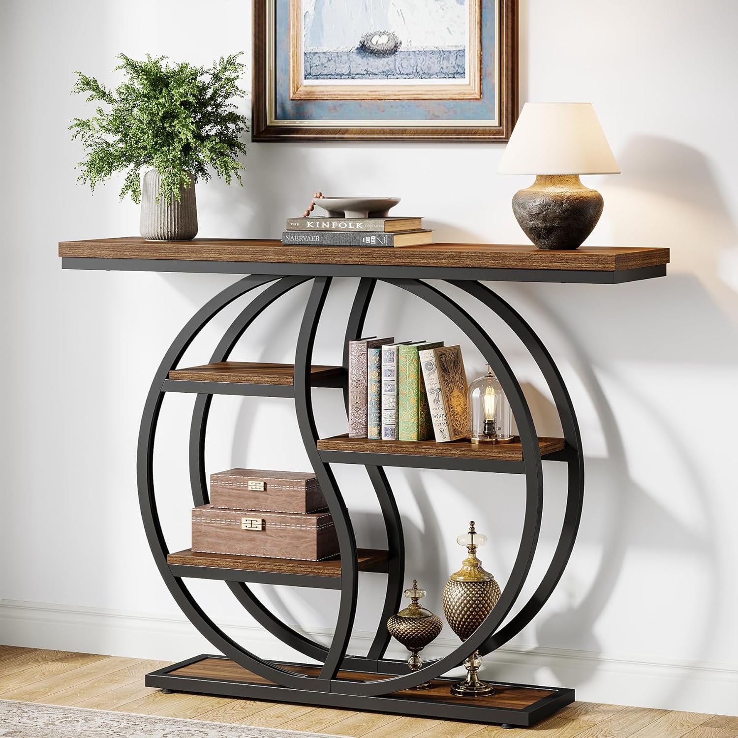 47.2" Industrial Console Table - 5-Tier Slim Sofa Table w/Wood Shelves for Entryway
