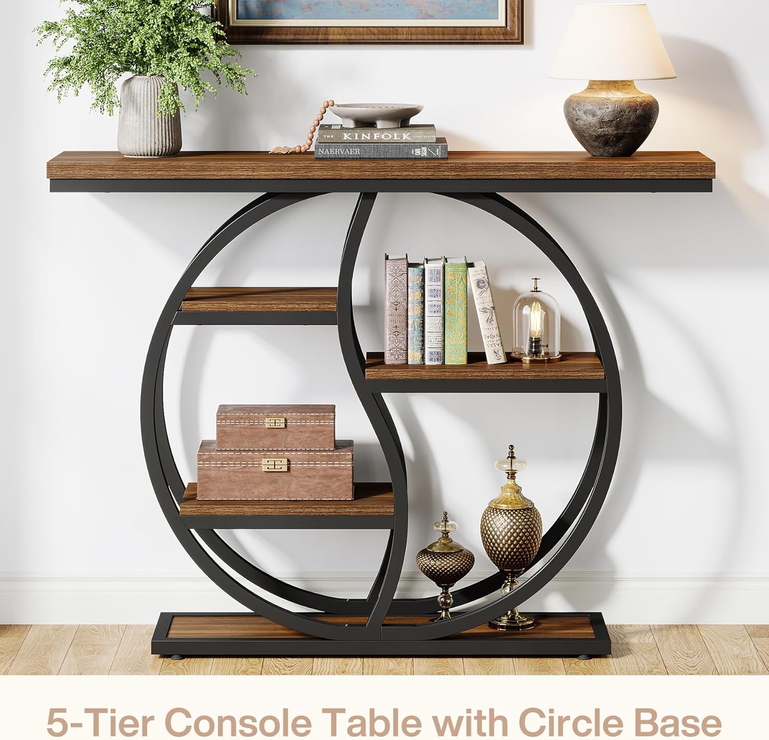 47.2" Industrial Console Table - 5-Tier Slim Sofa Table w/Wood Shelves for Entryway