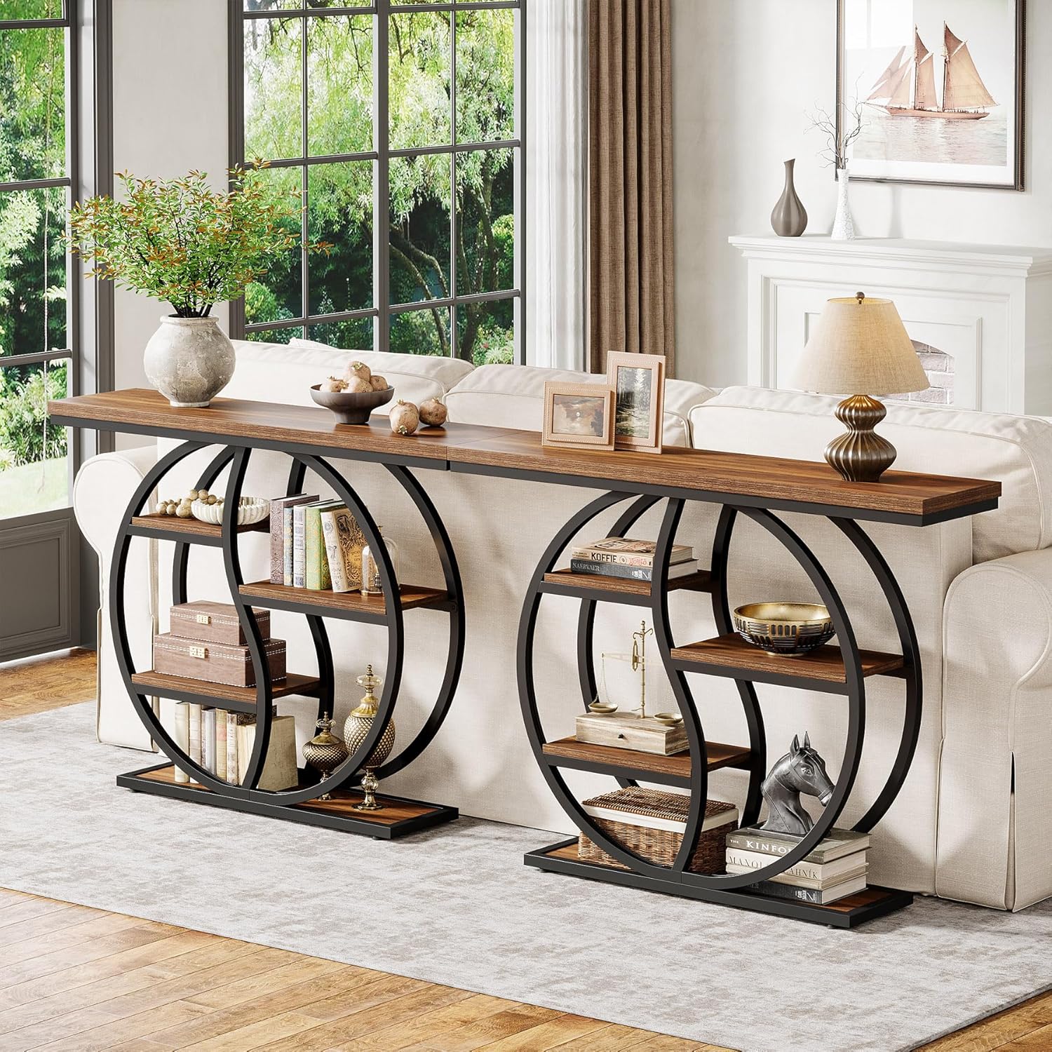47.2" Industrial Console Table - 5-Tier Slim Sofa Table w/Wood Shelves for Entryway