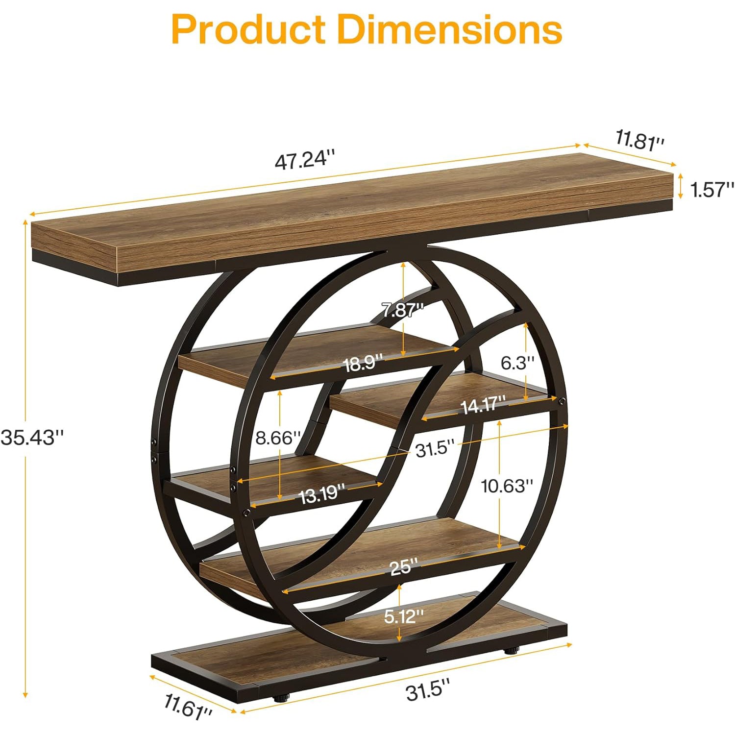 47" Industrial Console Table - 6-Tier Entryway Shelf w/Metal Frame