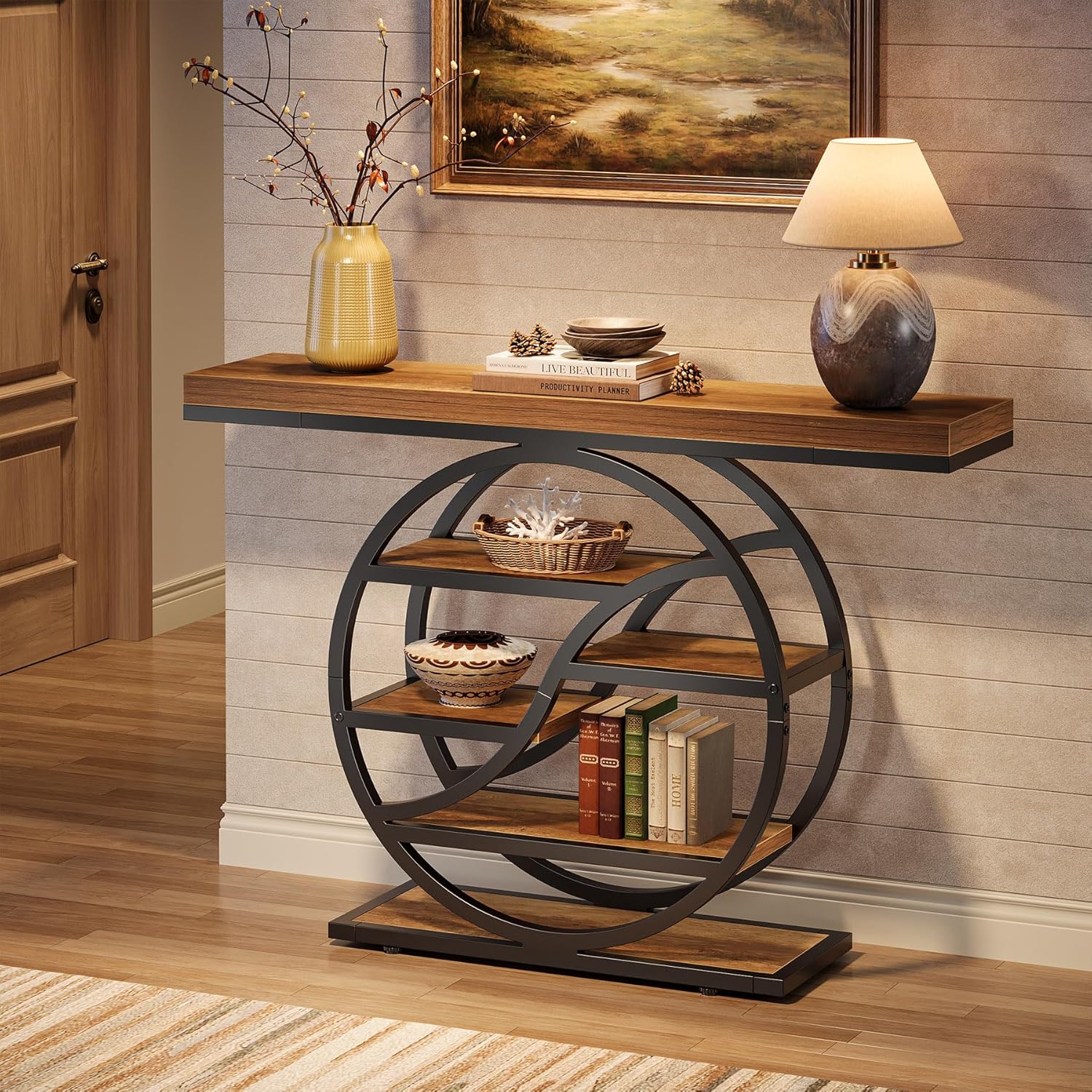 47" Industrial Console Table - 6-Tier Entryway Shelf w/Metal Frame